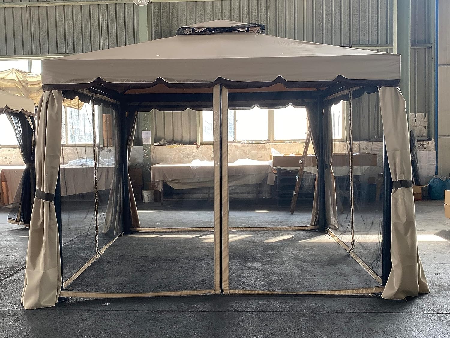 Set 4 Zanzariere Laterali Di Ricambio Per Gazebo 3x4 Metri, In Poliestere 160 Gr, Colore Nero/Beige, Con Occhielli E Cerniera