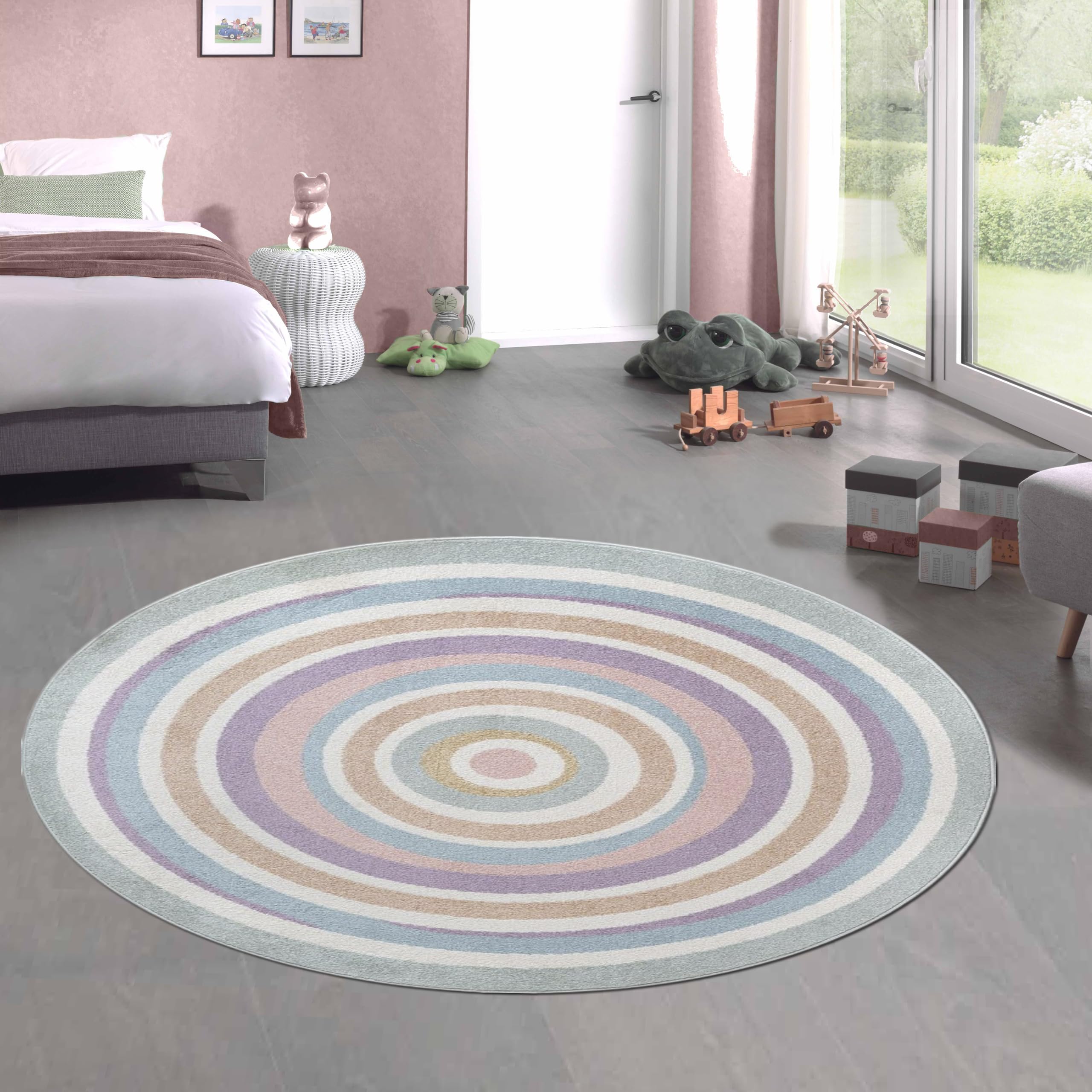 CARPETIA Teppich Kinderzimmerteppich rund Kreise Pastell kindgerecht Struktur weich 160 x 160 cm rund