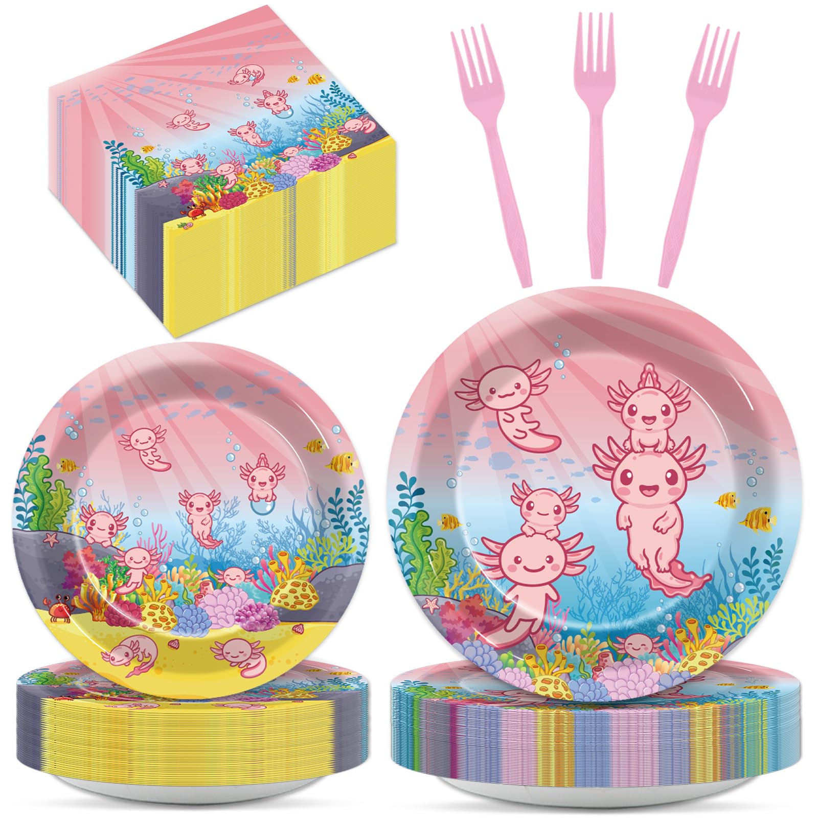 200pcs Axolotl Plates and Napkins Party Decorations Reptile Animals Tableware Set Girl Axolotl Themed Paper Plate Supplies for Pink Axolotl Birthday
