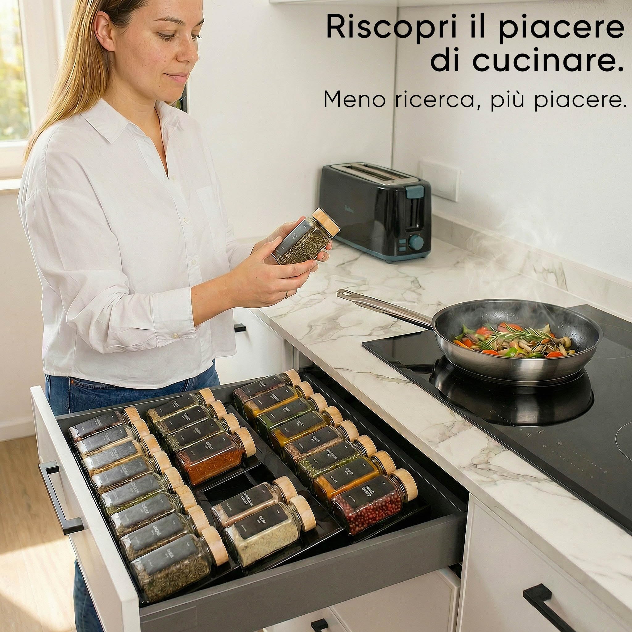 Deco haus® Cassetto portaspezie in plastico [CON 24 BARATTOLI PER SPEZIE ED ETICHETTE] - Organizer Spezie - Portaspezie Salvaspazio - Organizer Cassetti cucina