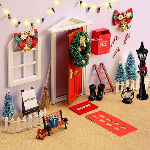 Juego de 29 piezas de puerta de hadas de elfo de Navidad para decoración de puerta en miniatura, kit de puerta de hadas encantada, decoración de