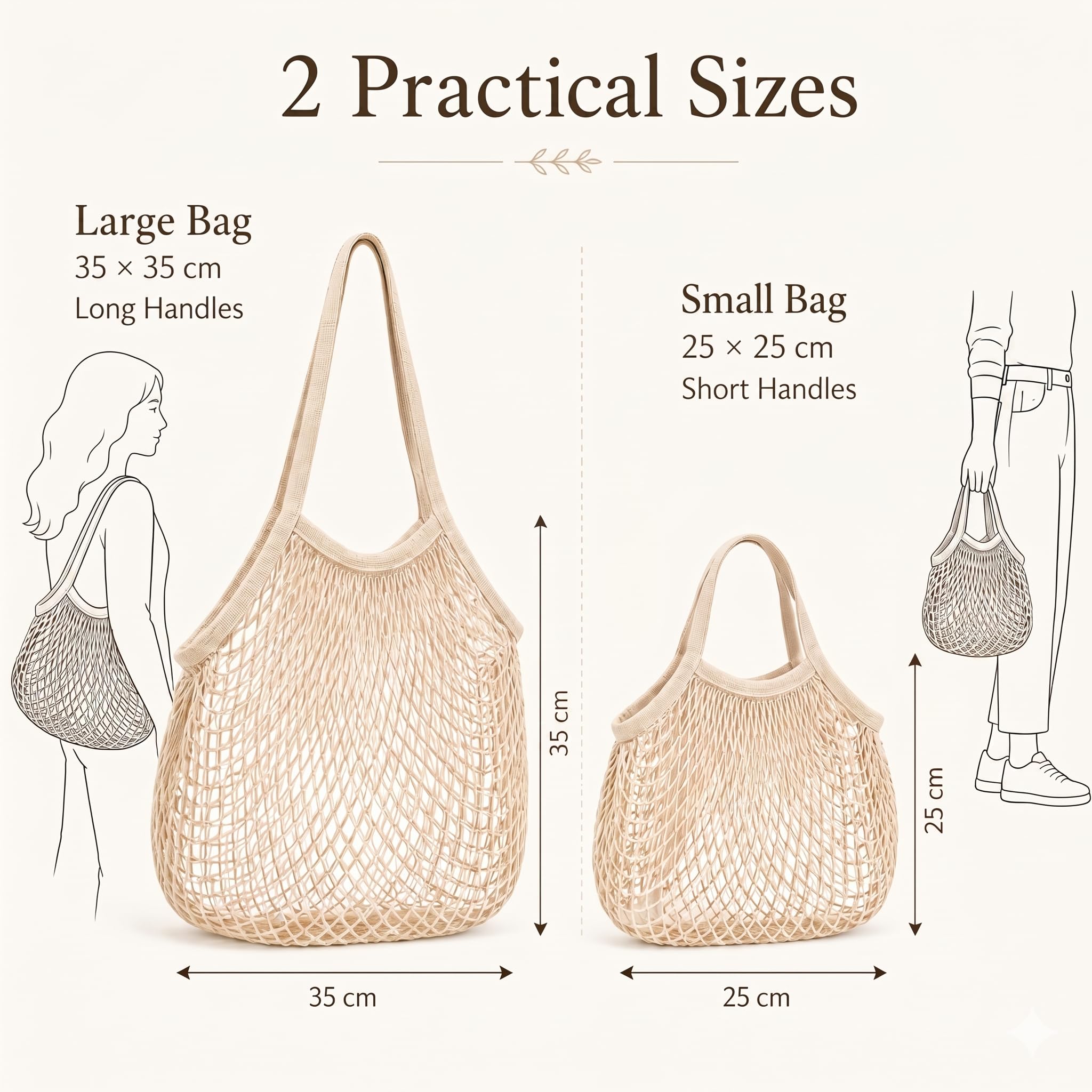 Sacs Filet Réutilisables Lot de 2, Grand Sac Anses Longues et Petit Sac Anses Courtes, Pliable pour Fruits Légumes Pain Plage