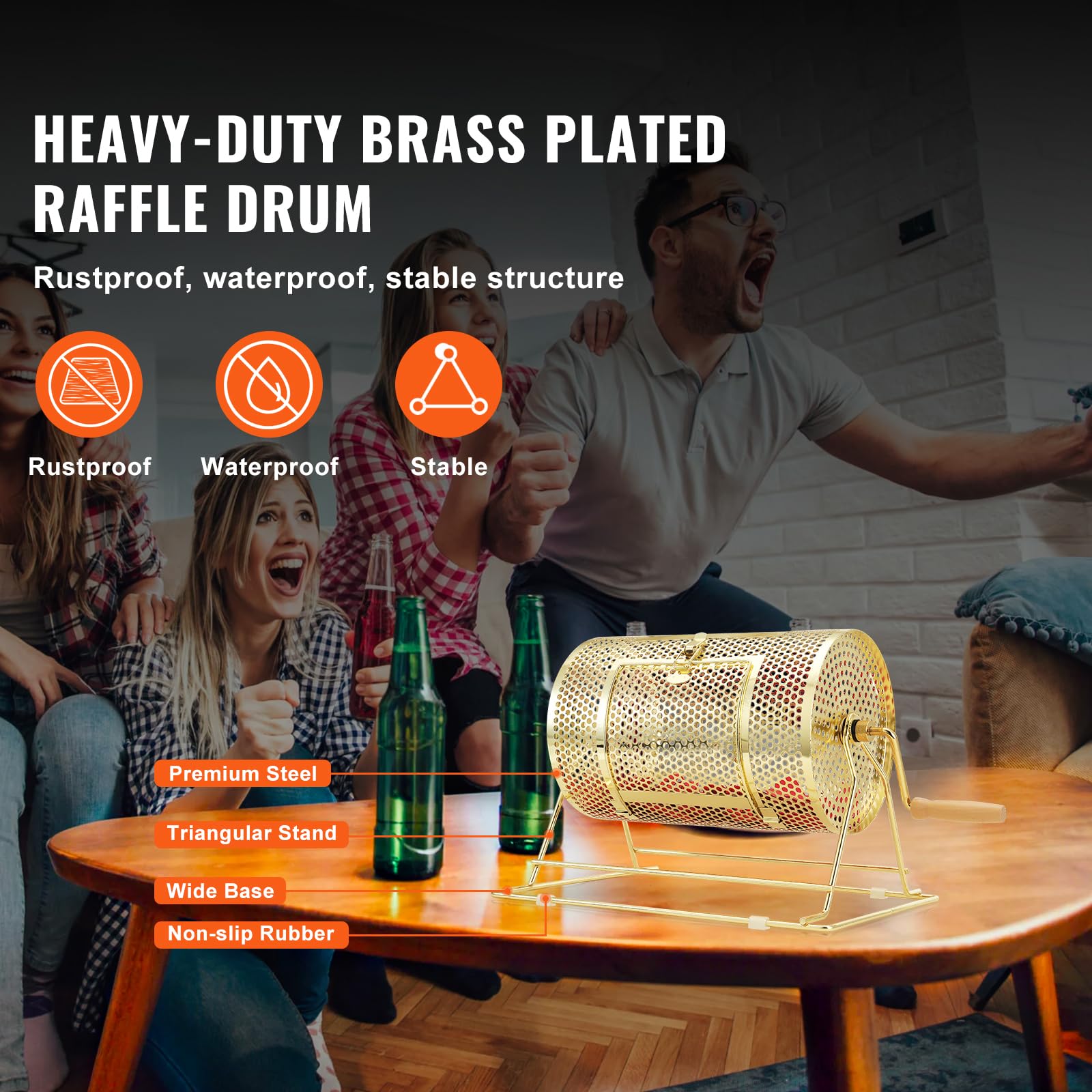 Happybuy Raffle Drum, Holds 2500 Tickets or 100 Ping Pong Balls, Metal Lottery Spinning Cage with Wooden Handle, 11.6 x Ø7.48 inch, Brass Plated, for Bingo & Ballot Drawings