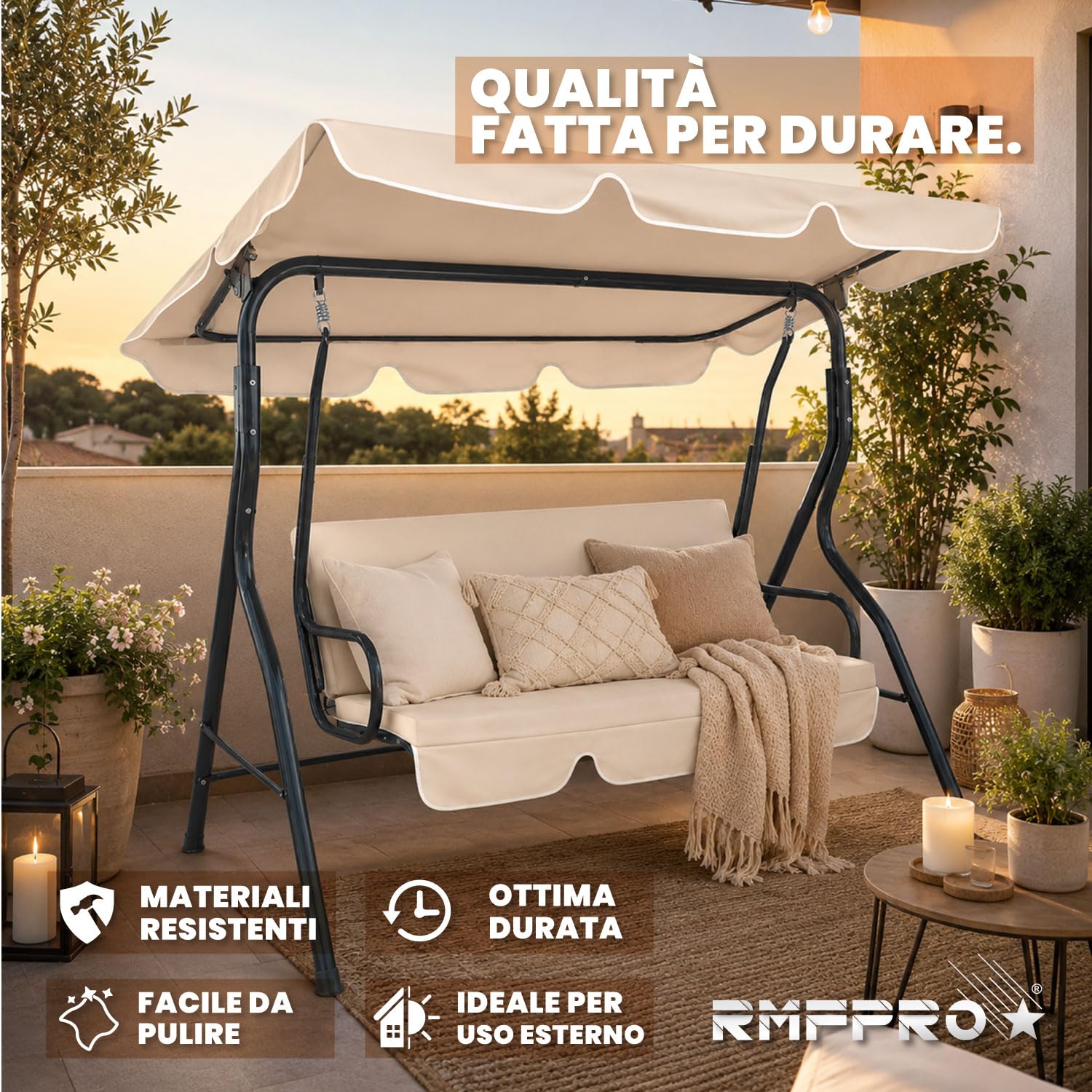 Dondolo da Giardino 3 Posti con Tetto Parasole Regolabile, Dondolo da Esterno con Struttura in Acciaio Resistente - Tessuto Impermeabile da Campeggio e Spazi Esterni 170x110x153 cm Beige