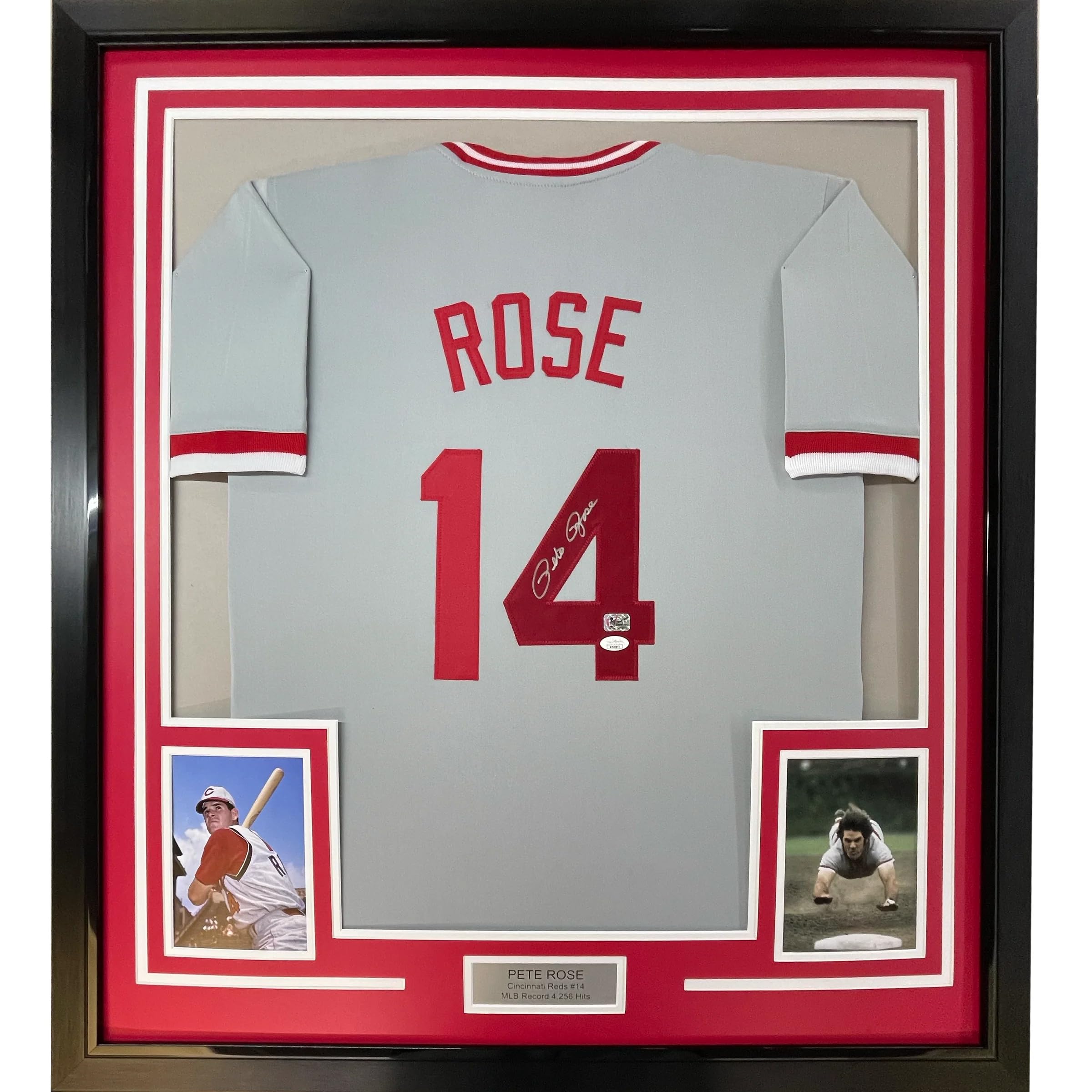 Framed Autographed/Signed Pete Rose 33x42 Cincinnati Grey Baseball