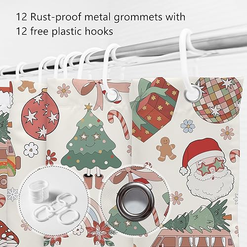 Miniatura 5 de MEHOFOND Cortina de ducha retro con texto en inglés "Merry Christmas" de los años 70, cortinas de ducha para baño, invierno, bohemio, hongos, arco