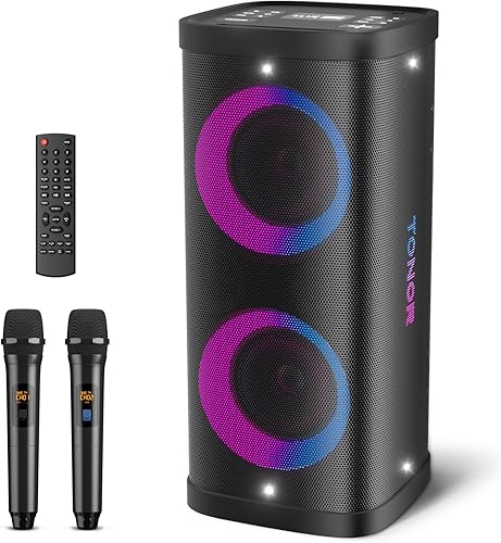 TONOR - Máquina de karaoke para adultos con 2 micrófonos inalámbricos UHF, sistema de altavoces PA portátiles Bluetooth con luces de discoteca