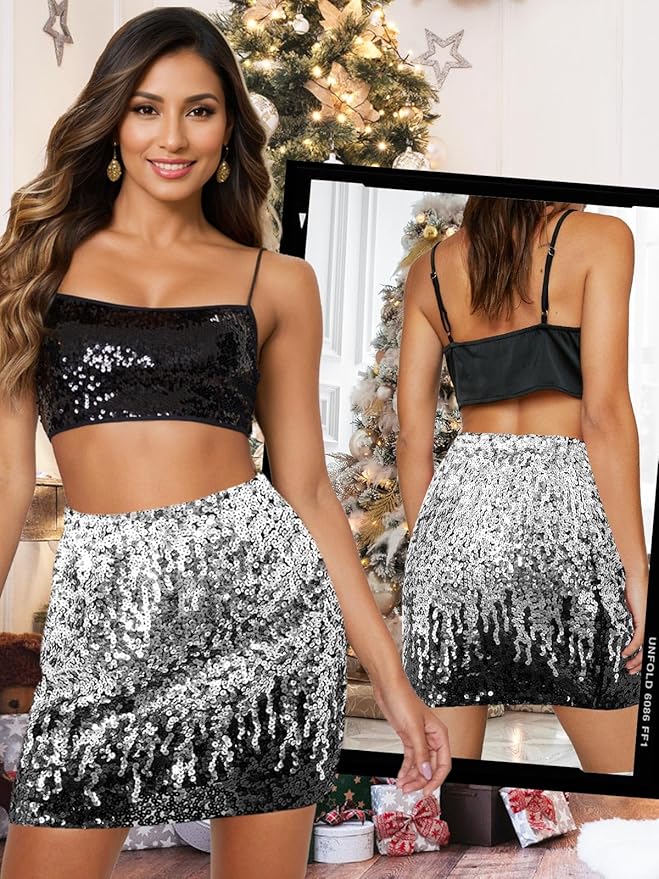 OFFCUP Glitterrok Paillettenrok Paillettenrok Voor Vrouwen Korte Vrouwen Sexy Midi-rok Potloodrok Heuprok met Elastische Taille Party Rave Rok Outfit Wikkelrok Rokken voor Vrouwen - Zwart
