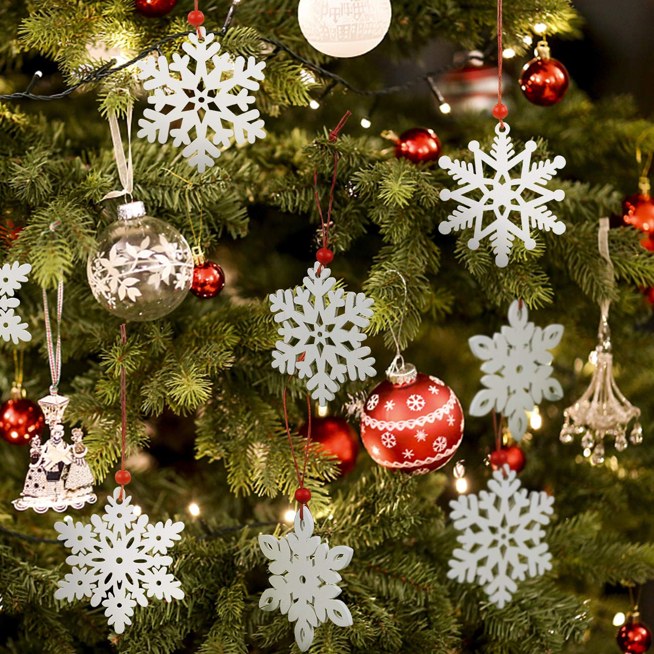LEMESO 24 Piezas Pack de Copo de Nieve de Madera Colgantes Blanco para Navidad Árbol de Navidad Decoración