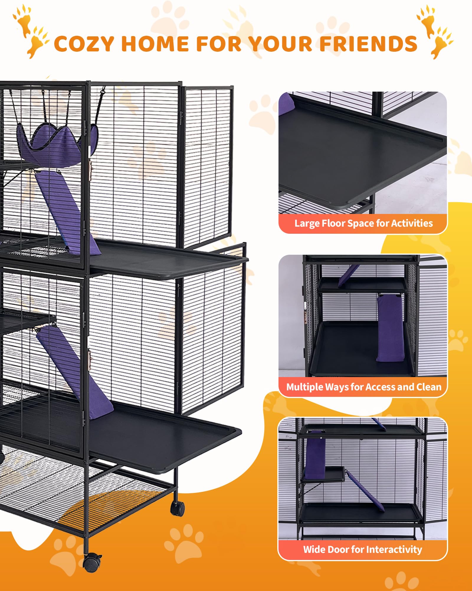 Garvee Kleintierkäfig, 162,6 cm hoch, Deluxe-Frettchenkäfig, 4 Etagen, großer Chinchilla-Käfig mit abnehmbarer Rampe, Hängematte, extra Stauraum, herausnehmbares Tablett für Frettchen, Chinchilla