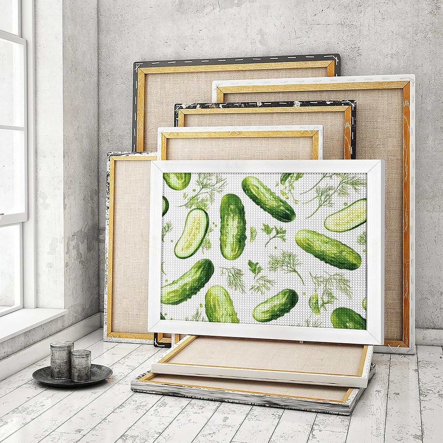Cucumbers Pickles Printed Diamond 5D Painting Kits DIY Full Drill Crafts for Home Wall Decor 16x20 Inch White Wood 50 * 40cm