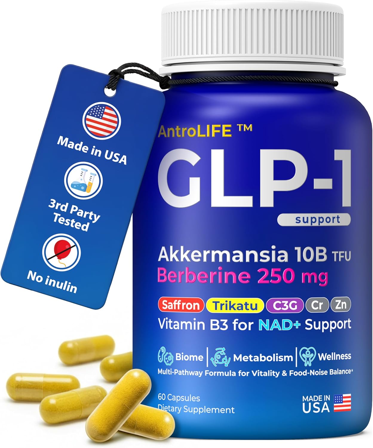 ANTROLIFE GLP-1 Support Supplement - Appetite & Gut Health, Metabolism, NAD+ Support - 18 Synergistic Ingredients - Inulin-Free - Akkermansia, Berberine, Saffron, Trikatu - 60 Caps. (30-Day Supply)