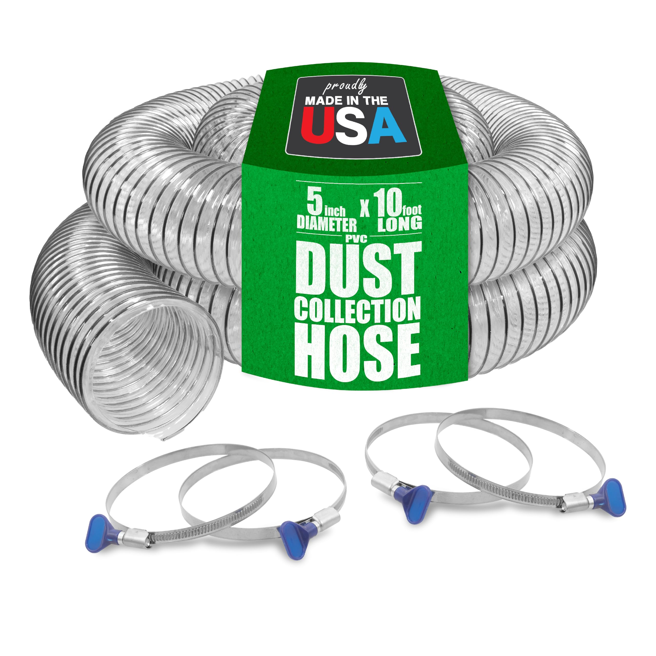 PVC Dust Collection Hose w/4 Thumbscrew Clamps, Puncture Resistant, Carbon Steel Wire, Clear Flexible PVC Dust Collector Hose, Proudly Made in USA (5" x 10')