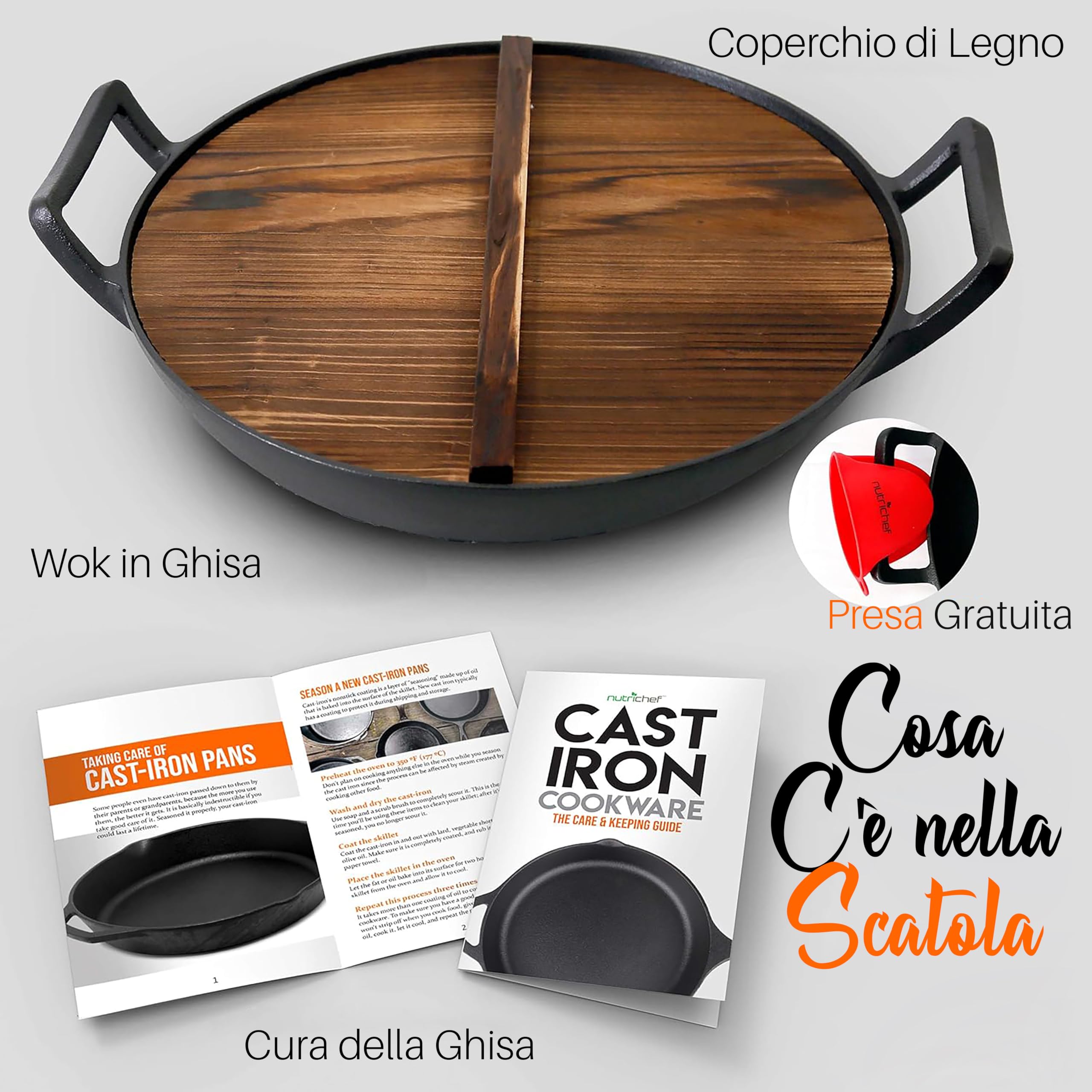NutriChef Padella in Ghisa Pre-Stagionata da 5,5 Litri - Wok Antiaderente con Coperchio in Legno, per Piano Cottura Elettrico, Nero