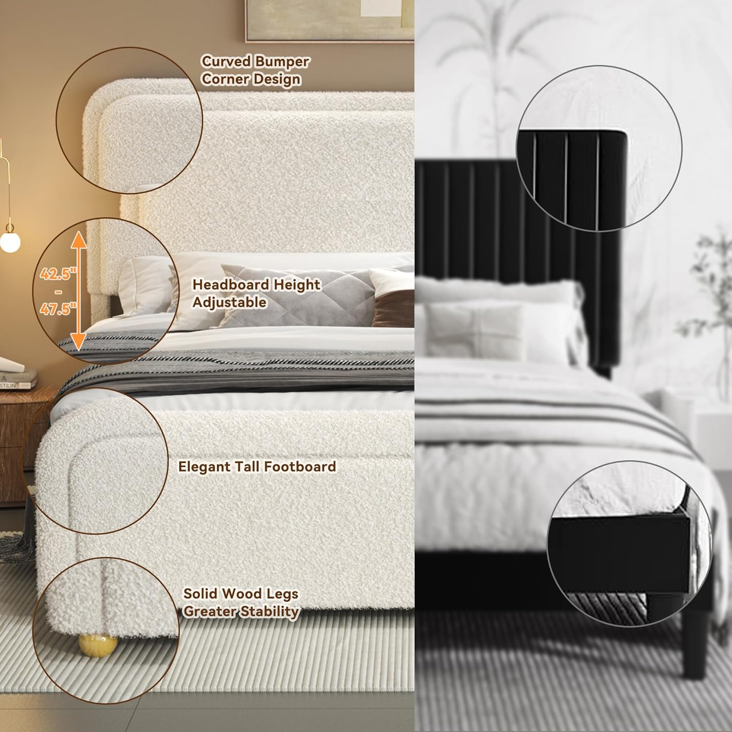 Cloud Full Size Bed Frame, Boucle Upholstered Platform Bed with Adjustable Headboard, Anti-Collision Soft Rounded Corners, Metal Support, No Box Spring Required, Noise Free, Easy Assembly, Cream