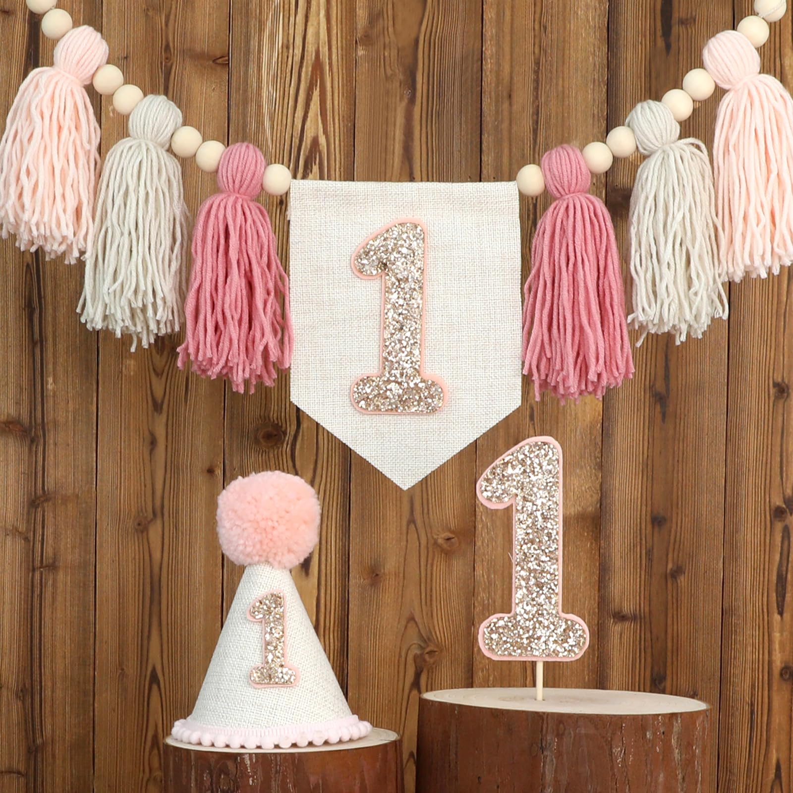 HODIHIWI Pink Baby Girl 1st Highchair Banner Wood Bead Tassel Garland Conical Cap Bling Cake Topper Birthday Party Decorations