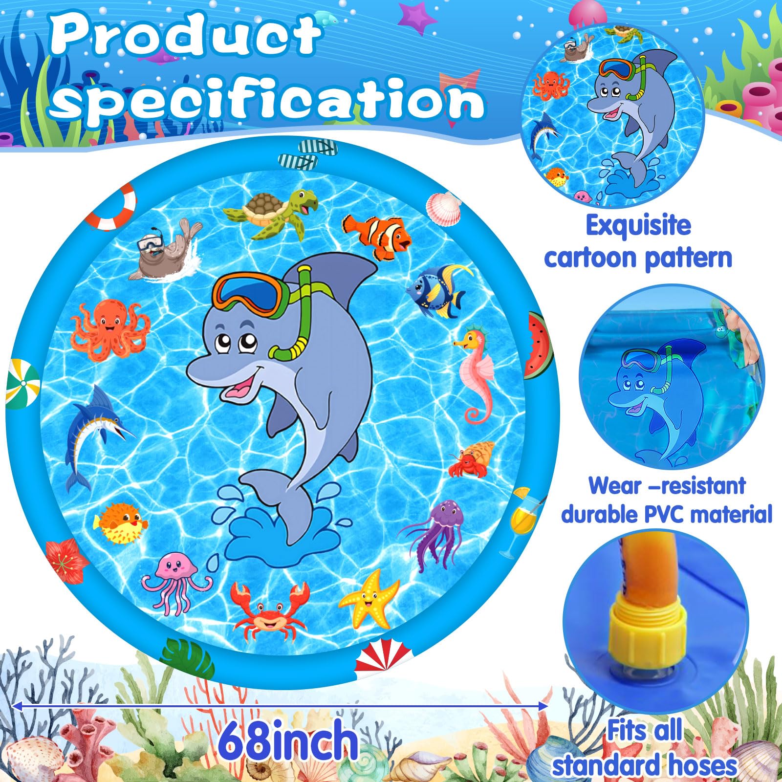 Tapis eau Pliable en PVC, Jeux d'eau Exterieur pour Enfant et Chien, Jet Fontaine Réglable 170 CM Piscine