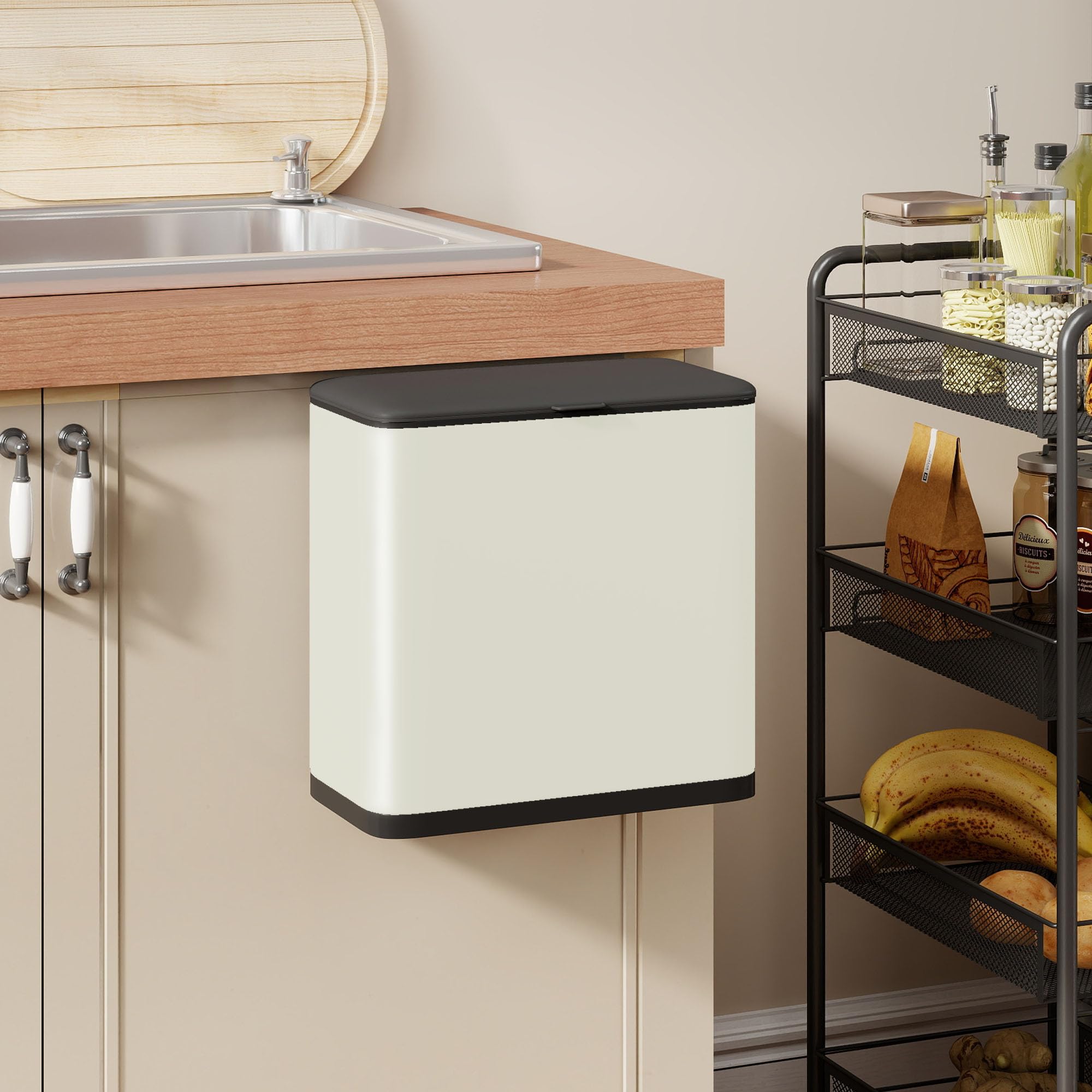 HOMCOM 8L Hanging Kitchen Bin, Stainless Steel Rubbish bin with Press-to-Open Lid, Removable Inner Bucket for Kitchen Cabinet Door, Under Sink, Bedroom, Office, Cream White