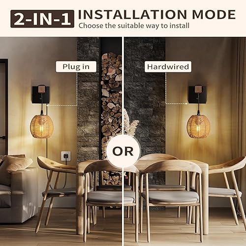 Miniatura 5 de N01 - Apliques de pared regulables para colgar estilo bohemio de ratán, lámpara de pared tejida sin escalones, lámpara de pared tejida con cable