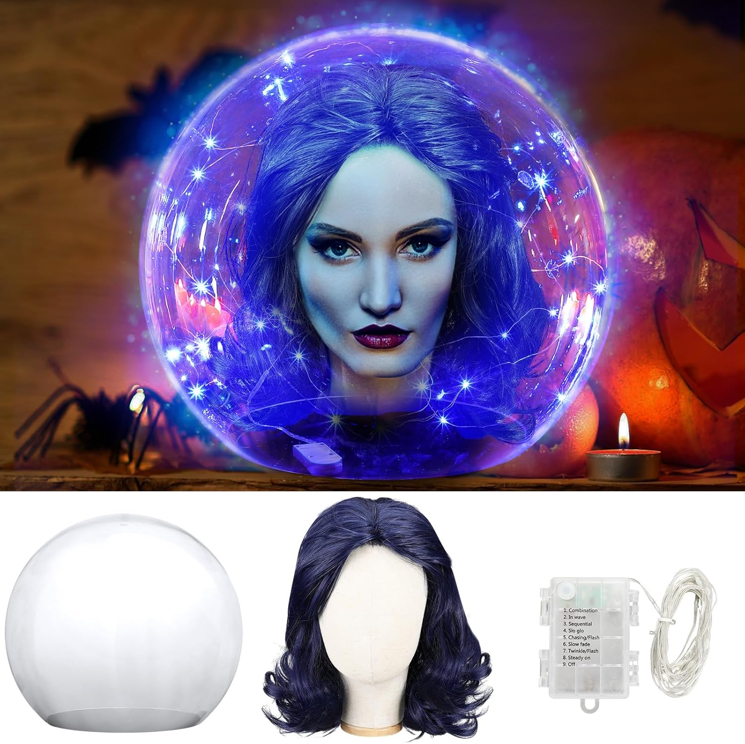 Halloween 14 Clear Acrylic Globe Decoration Costume Set for Haunted House with Blue Wig and 8.6 Neckless Opening with Blue String Lights 9.8ft Smooth Textured for Halloween