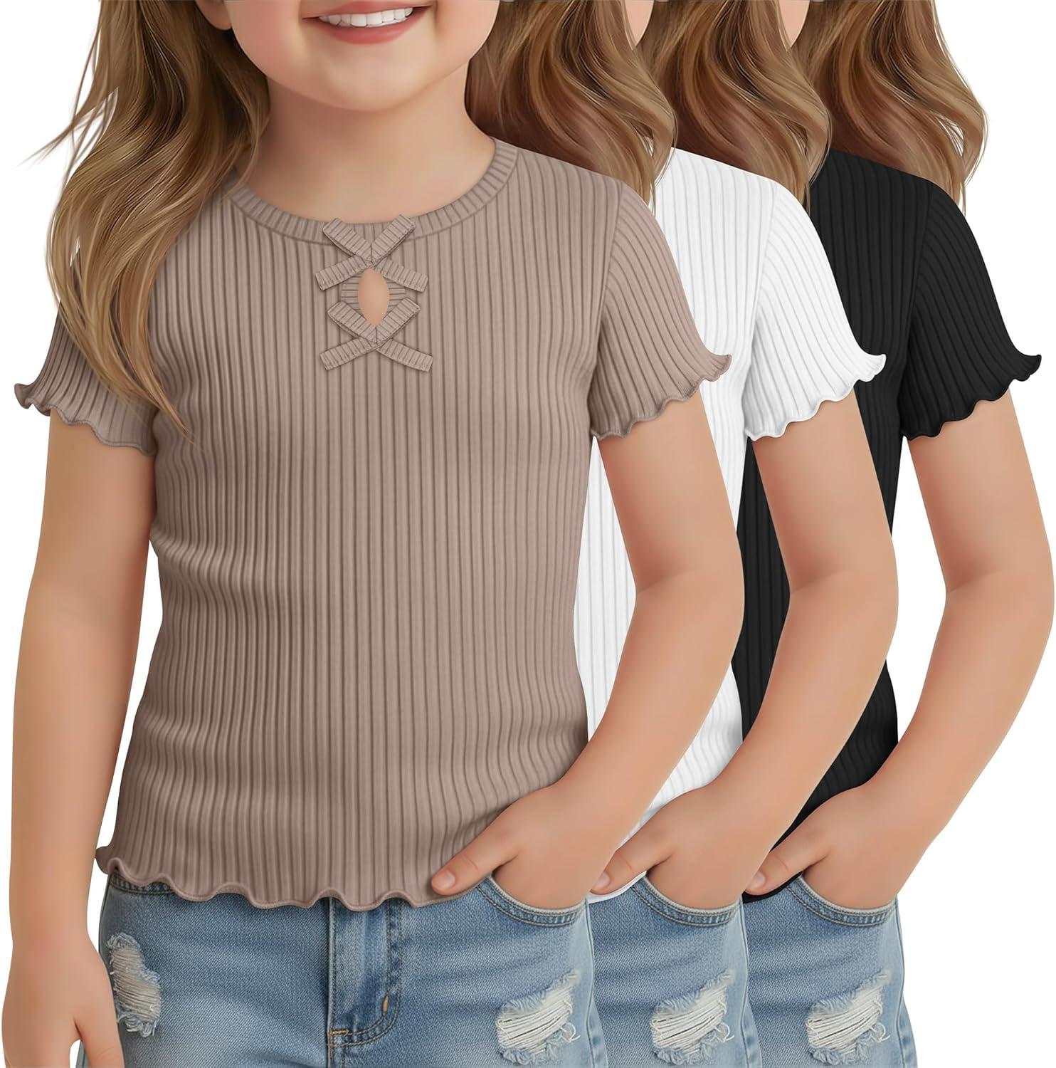 3 Pack Toddler Girls Short Sleeve Shirts Cotton Ribbed Summer Lettuce Trim Top with Bow Soft Cute Keyhole Neck Tee