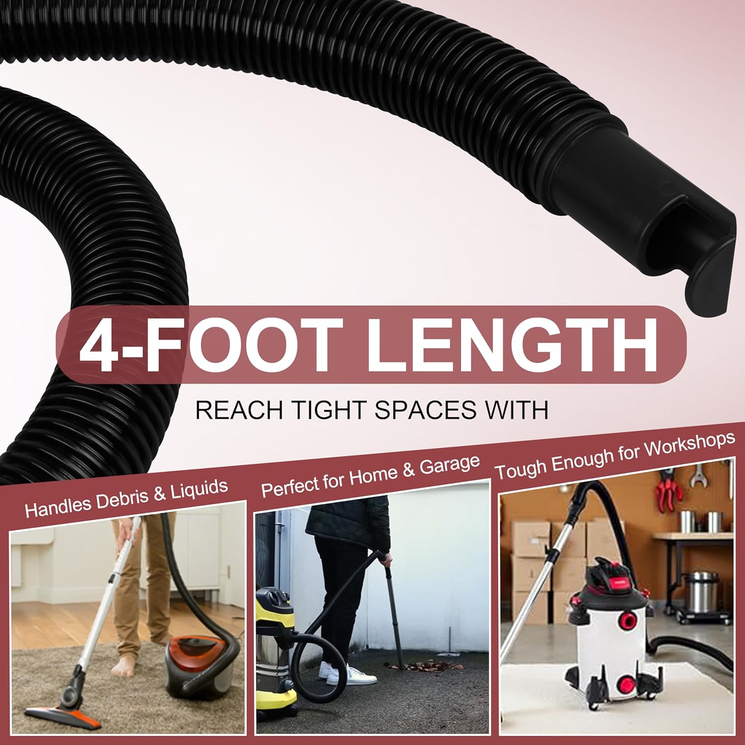 9196300 Flexible Hose, 1.25 Inch Diameter x 4 Ft Length Durable Vinyl for Shop Vac Wet/Dry Vacuums