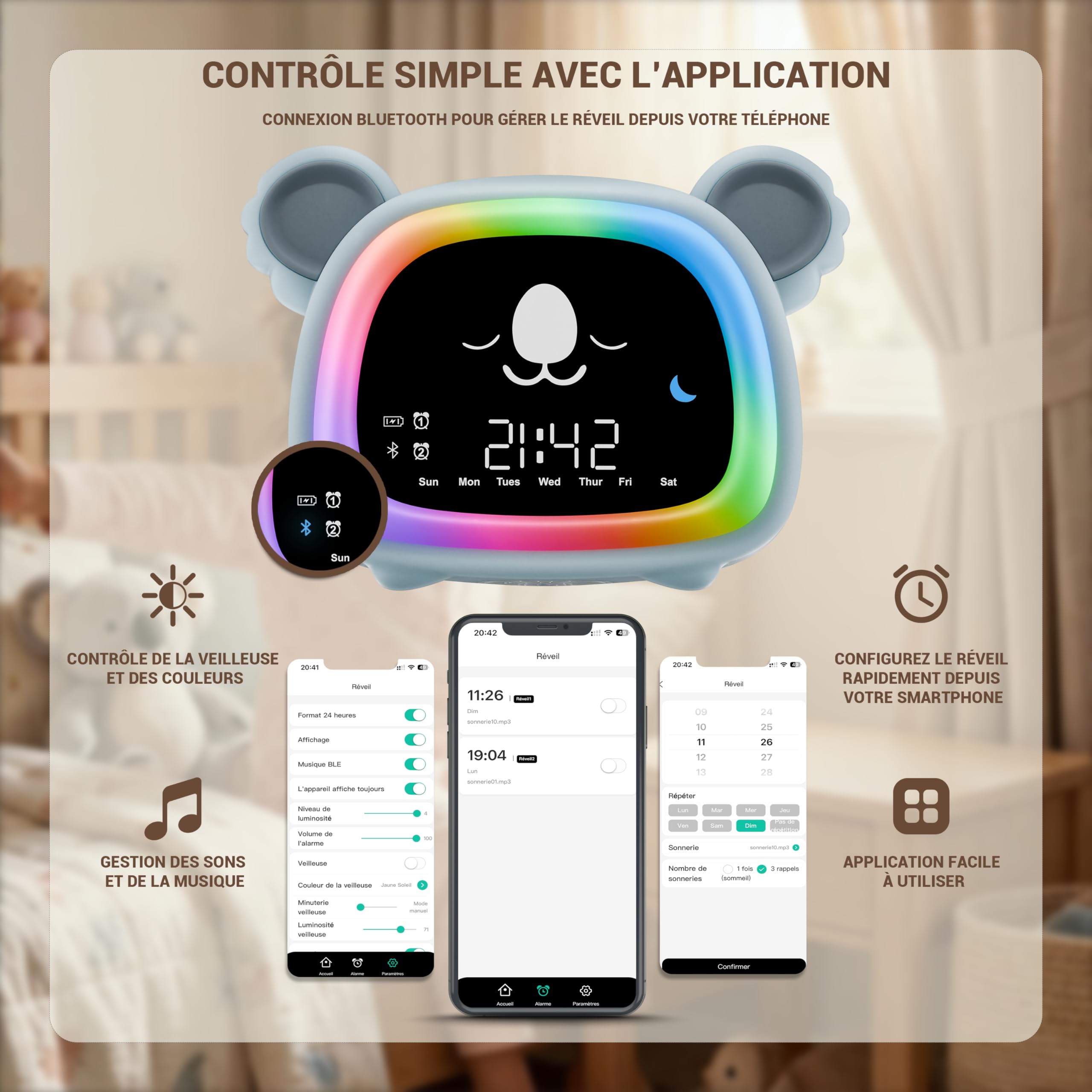 OCTAV - Despertador infantil educativo día/noche, luz nocturna, Bluetooth, aplicación | Musical & Sonido Natural – Luz nocturna LED recargable – Aplicación móvil – Aprendizaje del sueño con sol/luna
