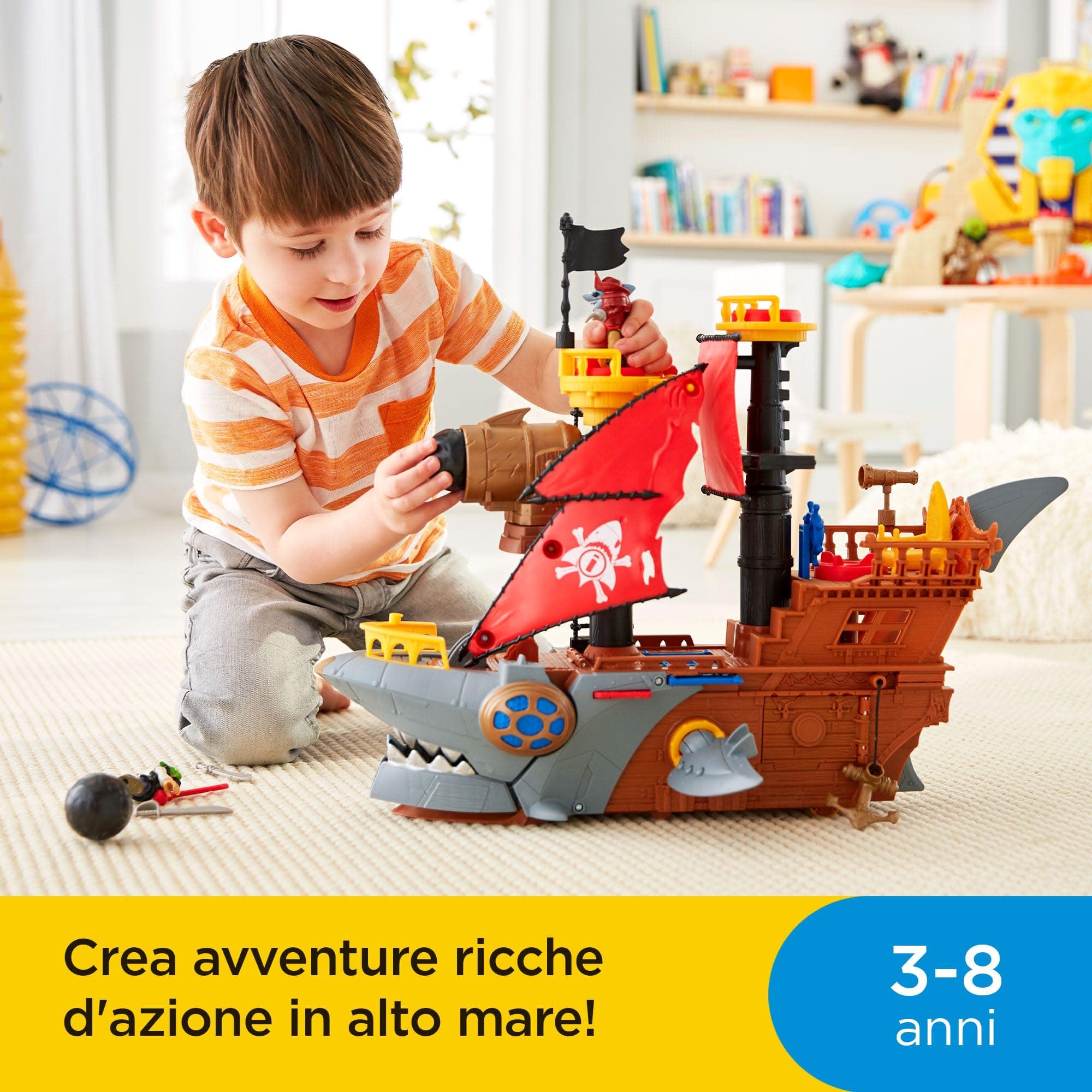 Fisher-Price Imaginext - Squalo-Nave dei Pirati, playset a tema nave e e squalo con 2 personaggi pirata con spade, palle di cannone e accessori, giocattolo per bambini, 3+ anni, HGN68