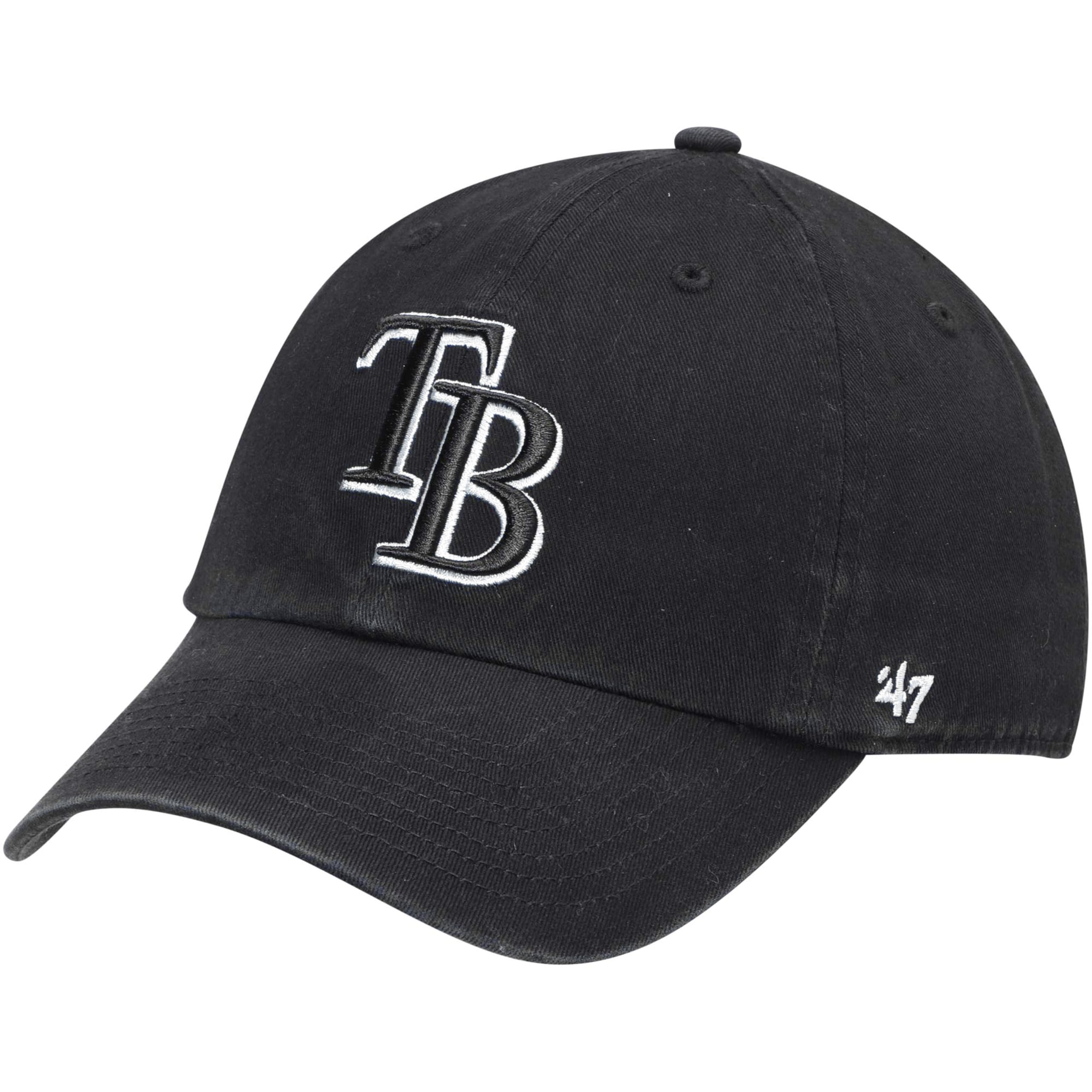 47 Brand MLB Black White Outline Primary Logo Clean Up Adjustable Baseball Cap Hat, Adult One Size Fits All, Tampa Bay Rays, One size