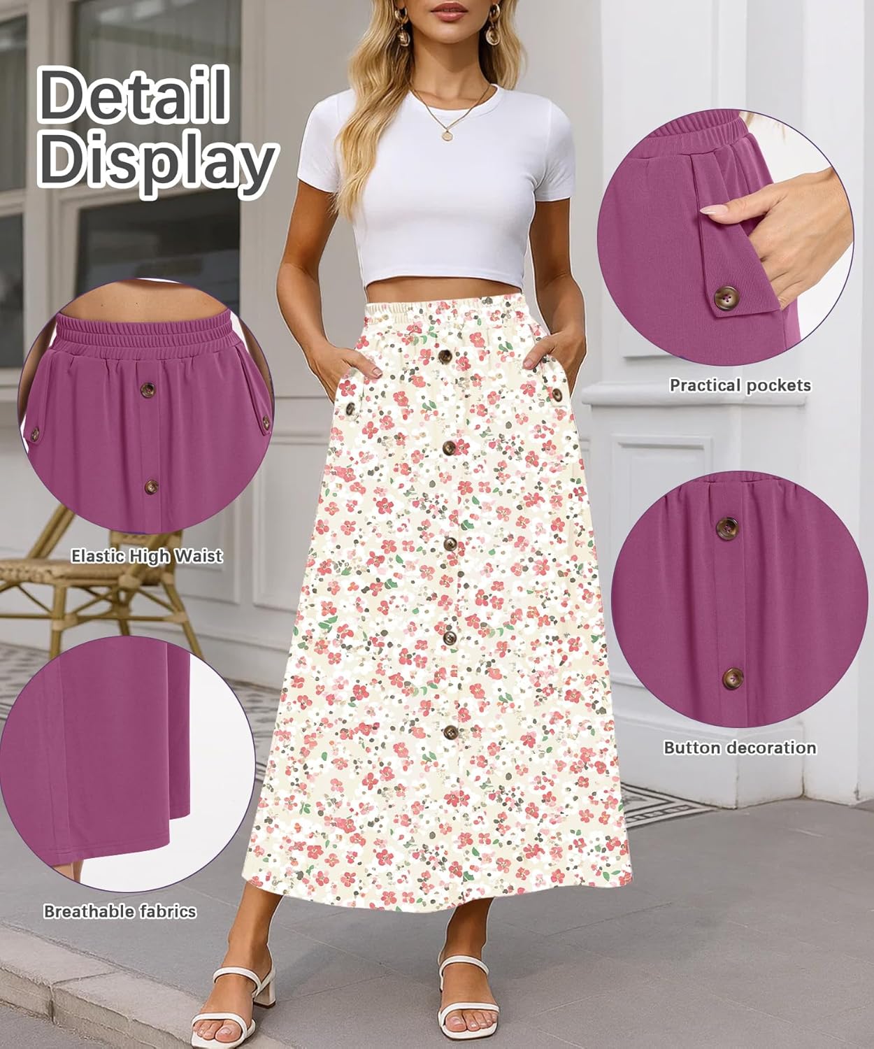 Women Elastic High Waisted A-Line Midi Skirt Button Front Flowy Long Skirts Casual with Pockets - Image 4