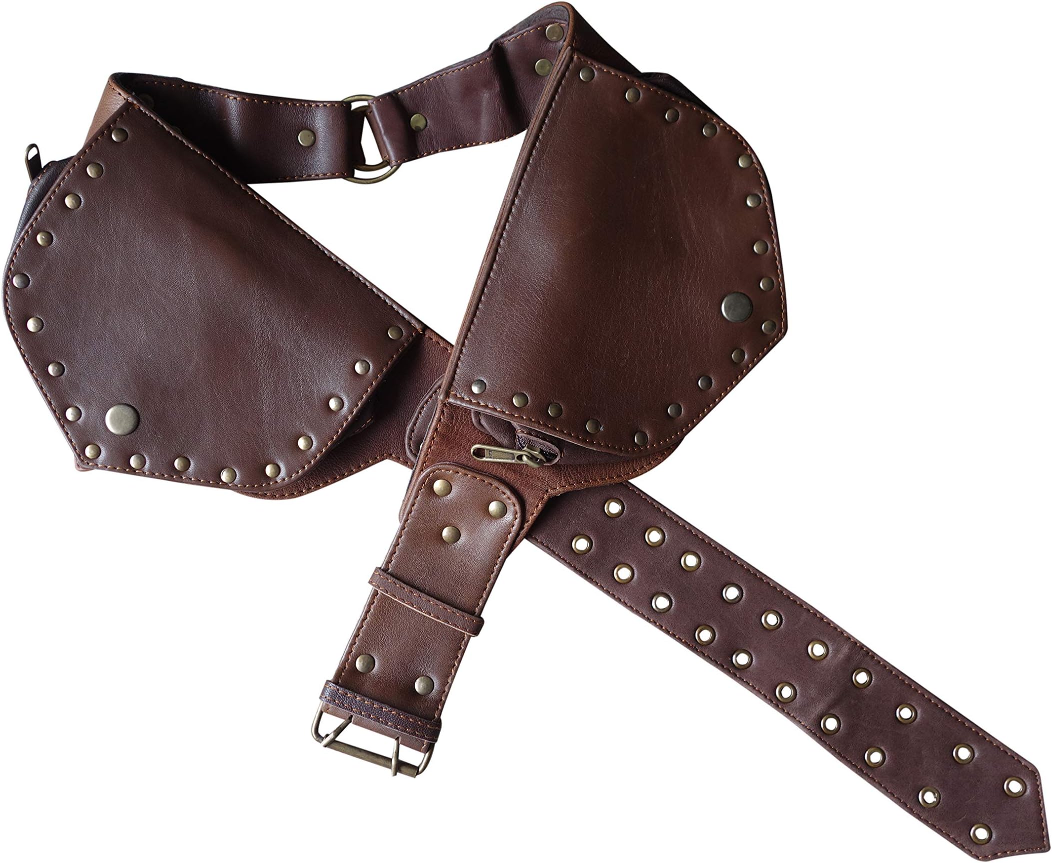 Leather Utility Belt | Ring Saddlebag, 4 Pocket | hip bag, travel, festival, cosplay, fanny pack, Brown, Adjustable 29" to 38" around,