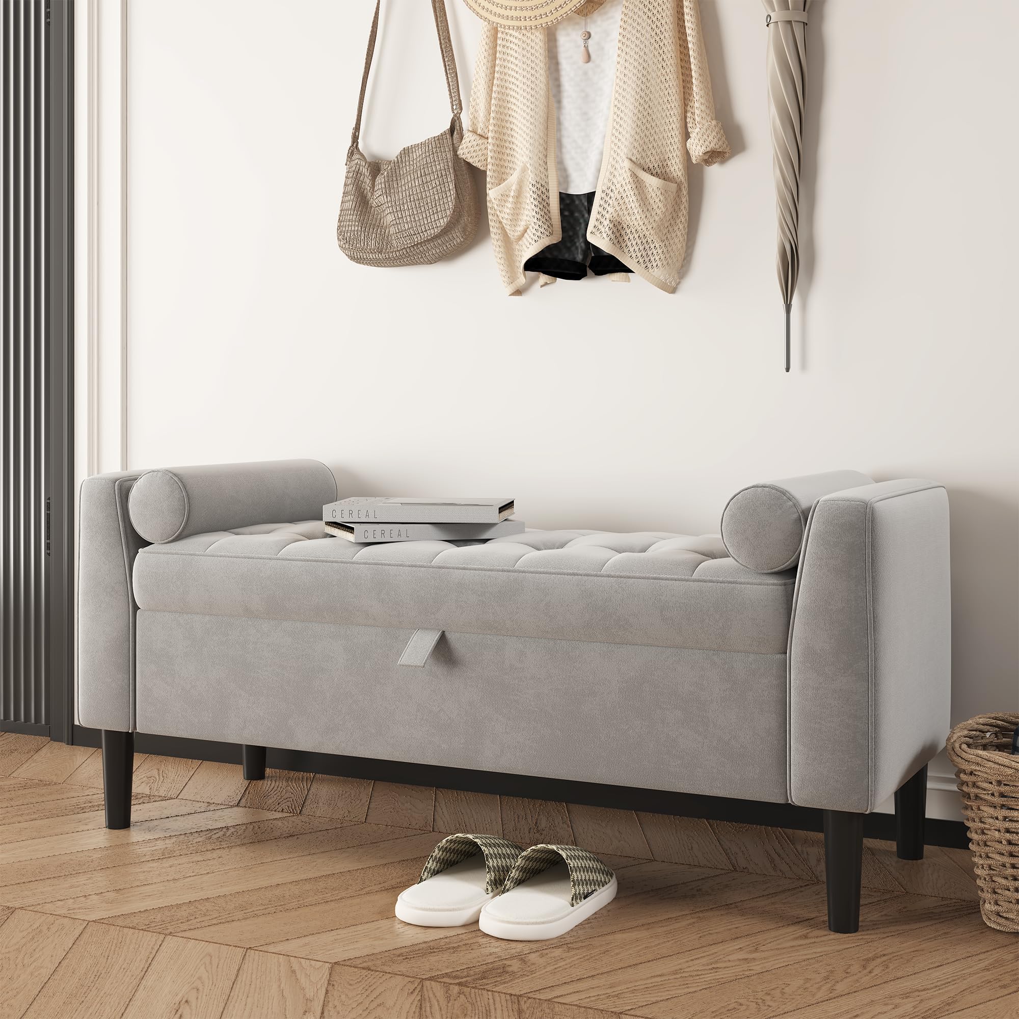 Garvee Banco Zapatero con Almacenamiento Tapizado, Brazos Enrollados, Patas De Madera Maciza, Multifuncional para Entrada, Dormitorio, Vestidor o Pie De Cama