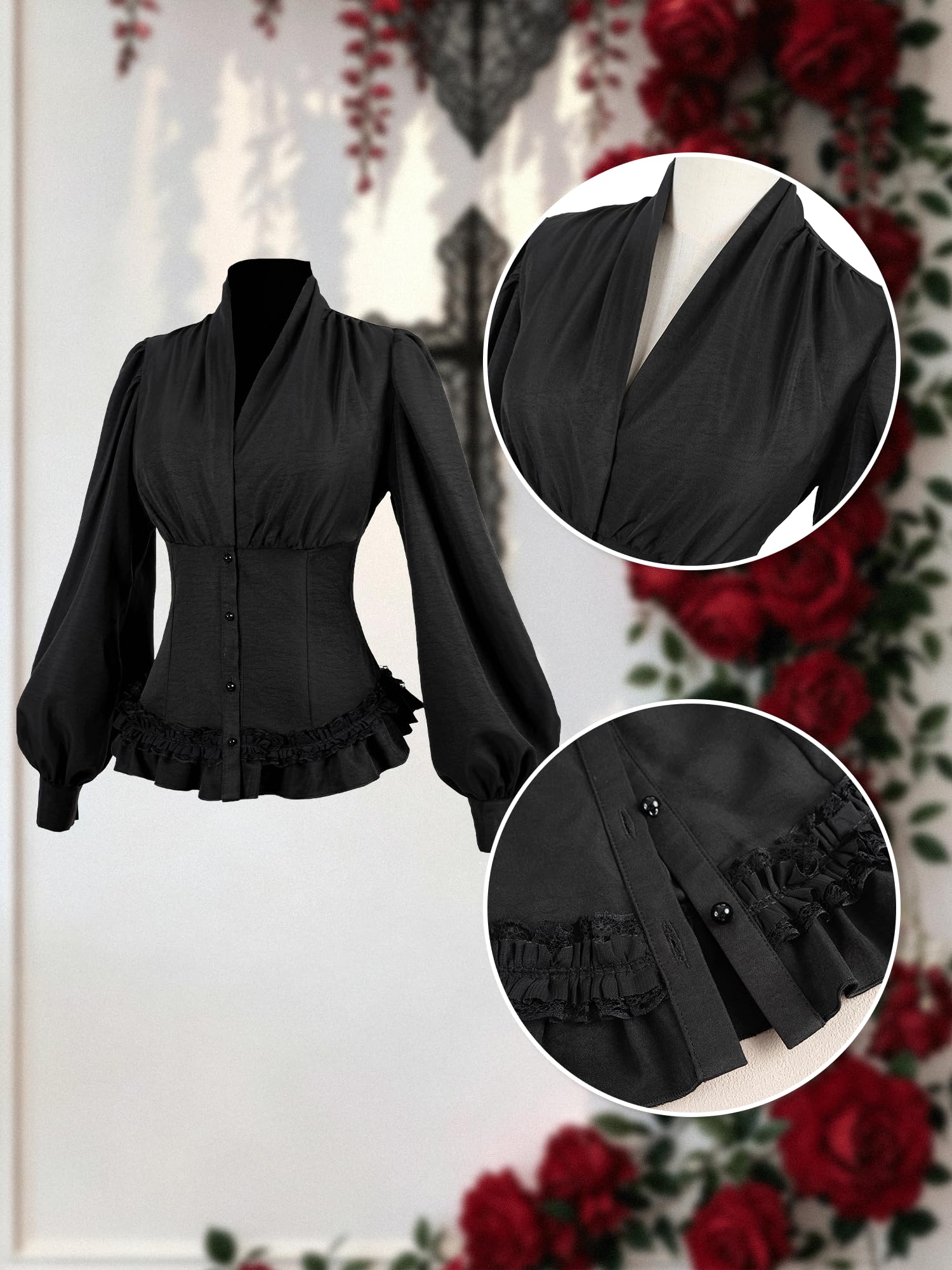 Camicetta vittoriana da donna con volant, a maniche lunghe, con lacci, stile gotico, colore nero