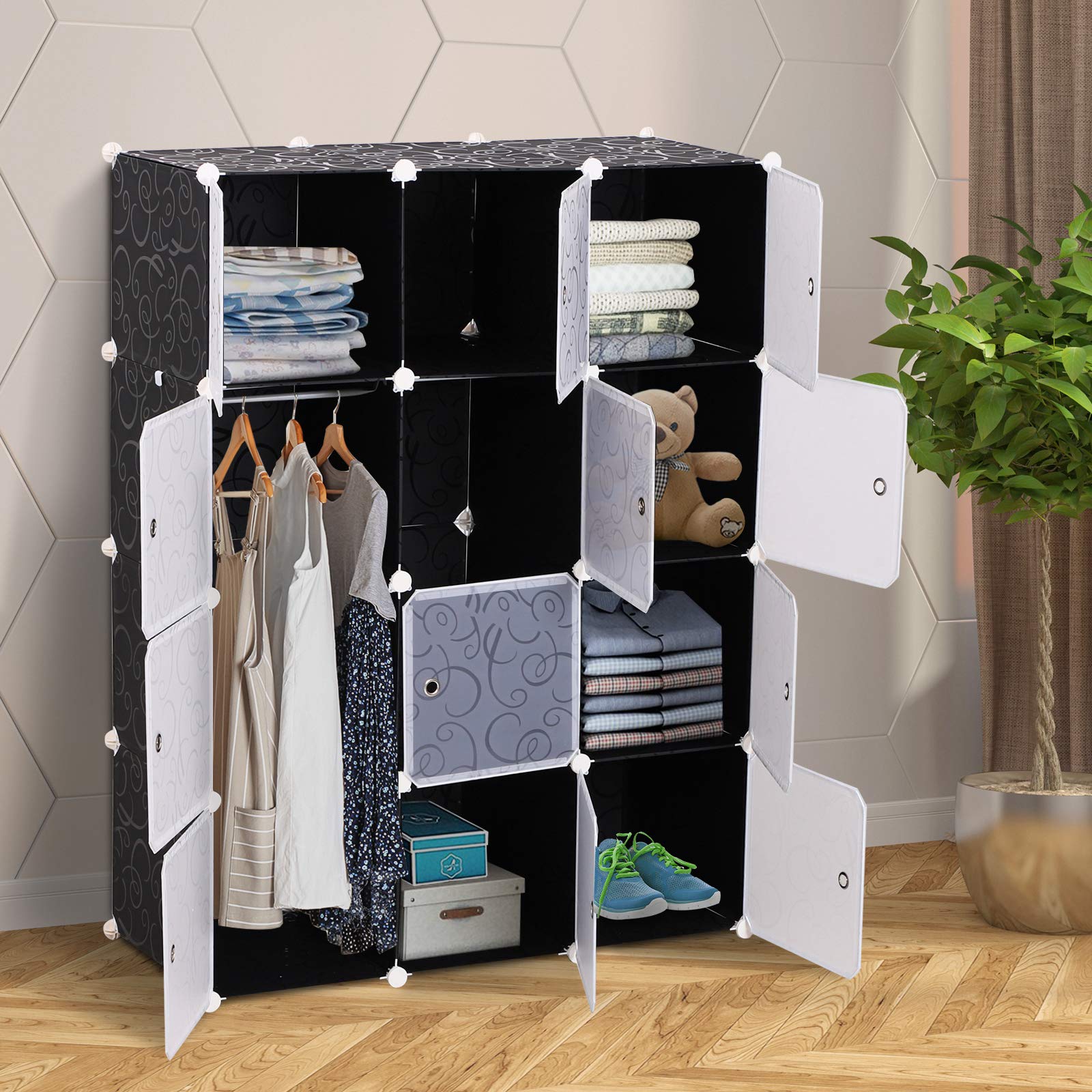 HOMCOM Armadio Scarpiera Salvaspazio, Scarpiera da Ingresso in Plastica, Armadio Modulare per Salotto e Ingressi, Scaffale Portascarpe, Multiuso 111x47x145cm, Bianco e Nero