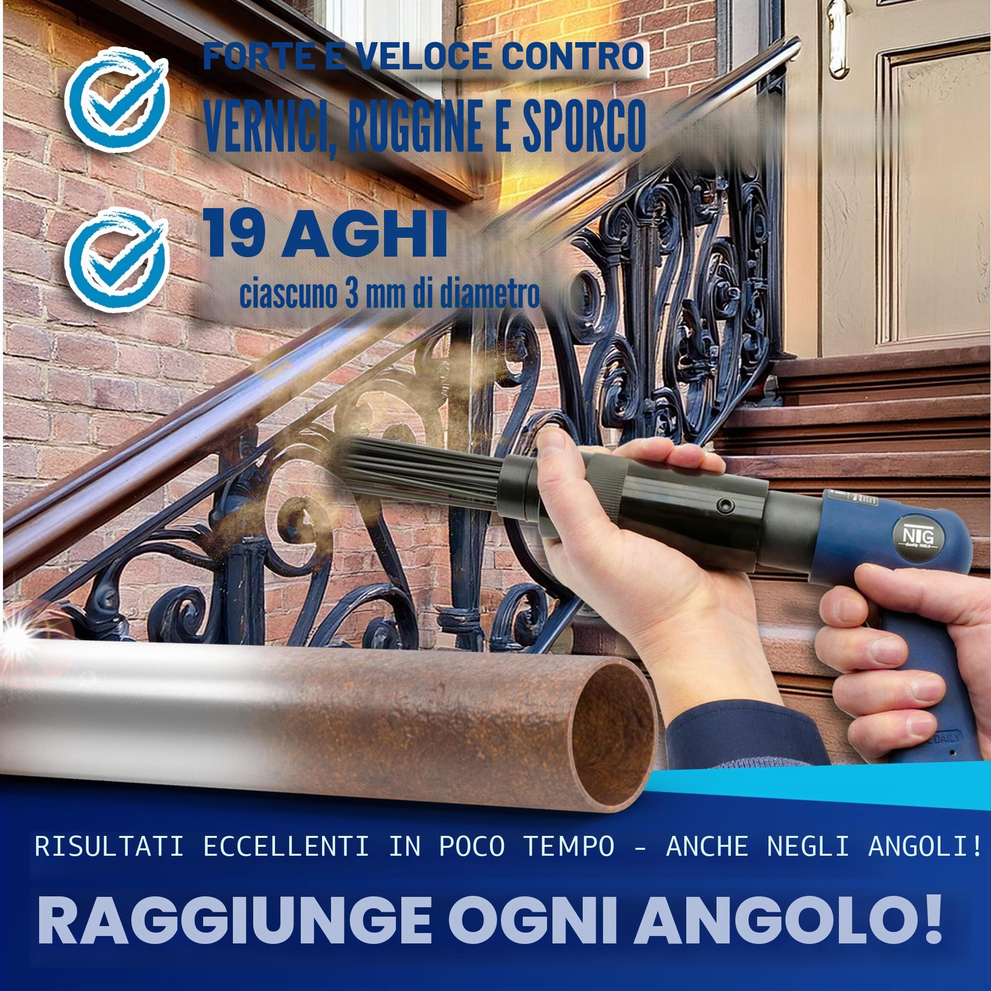 NTG ago scaler ad aria compressa - sverniciatore e antiruggine con 19 aghi (Ø 3 mm, lunghezza 180 mm), rimozione rapida della ruggine per metallo, auto e officina, strumento ad aria compressa