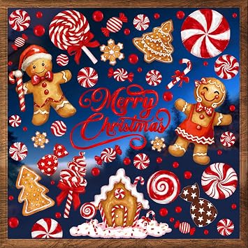 DULEFUN Christmas Window Clings, Gingerbread Man Candy Windows Stickers Decals Oil Painting Xmas Windows Decoration for Holiday Winter Party Home Office Decor