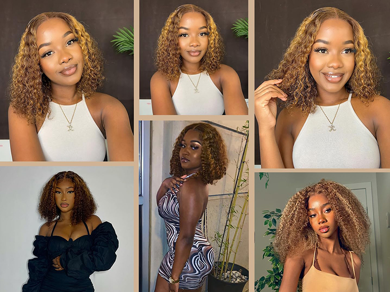 NEW ! Women Short Wig 16 Inch Curly Light Blonde Ombre Blonde 16in Afro Short Kinky Curly Wig with Bangs for  main image 2