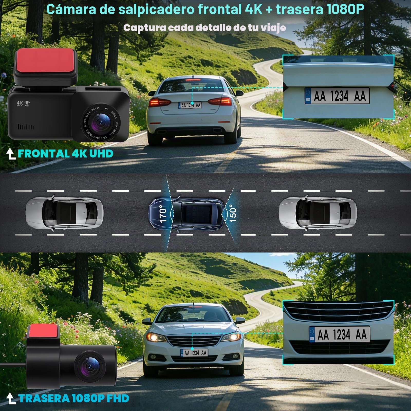 Dashcam Coche 4K Delantera Trasera 1080P,170° Gran Angular,Visión Nocturna | Cámara de Coche Doble Lente, Modo Aparcamiento G-Sensor, Tarjeta SD 64GB, Instalación Fácil