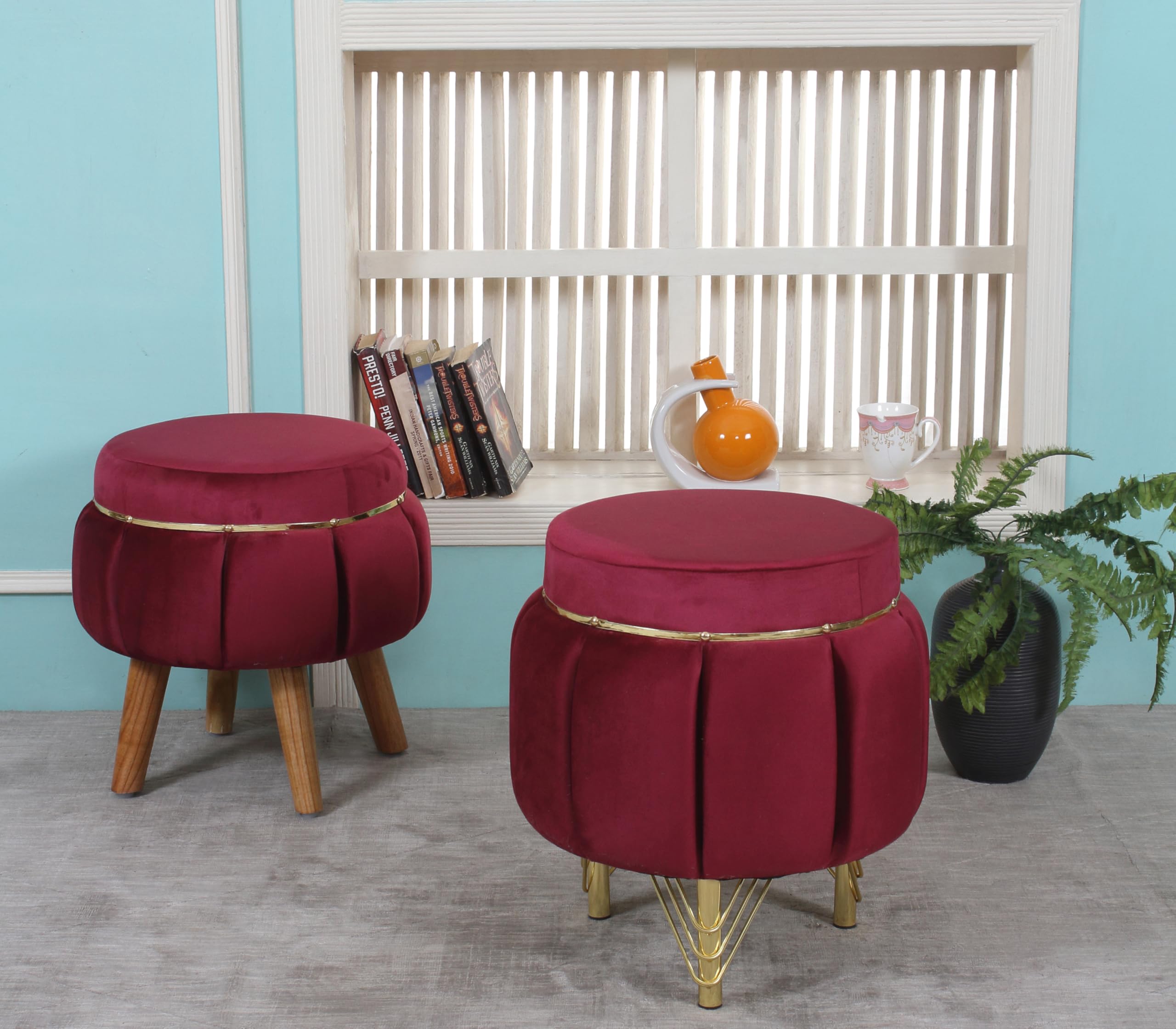 Interiors Spot Ottoman Pouffes Sitting Mudda Puffy Wooden Leg Stool for Living Room Dressing Table, Pouf Round Footstool for Home | Office Decor, Holland Velvet, 16x16x18 Inch, Combos-image-43
