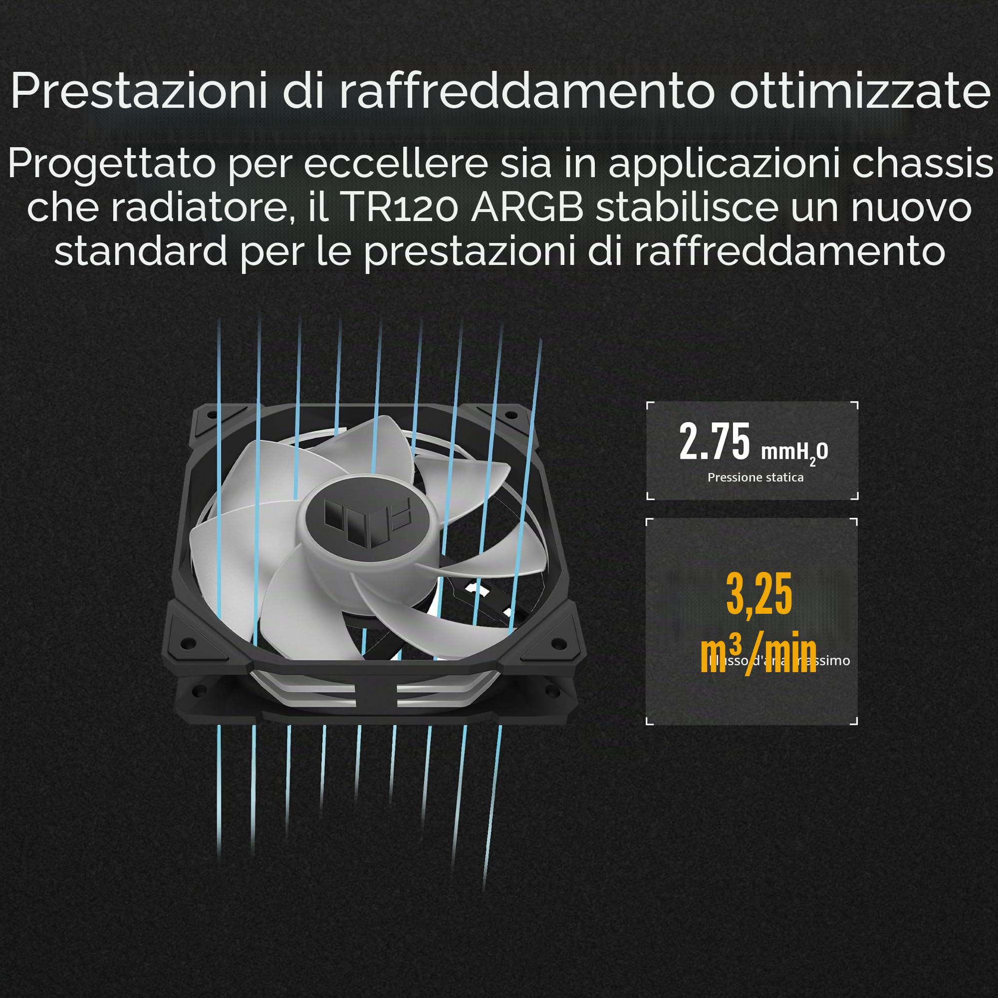 ASUS TUF GAMING TR120 FAN ARGB REVERSE BLK 3IN1, Ventole Nere, 3 Pezzi | Pale Invertite, Dimensioni 120x120x28mm, Pressione Statica 3,3mm H2O, Design a Doppio Strato con 16 LED RGB, Controllo PWM
