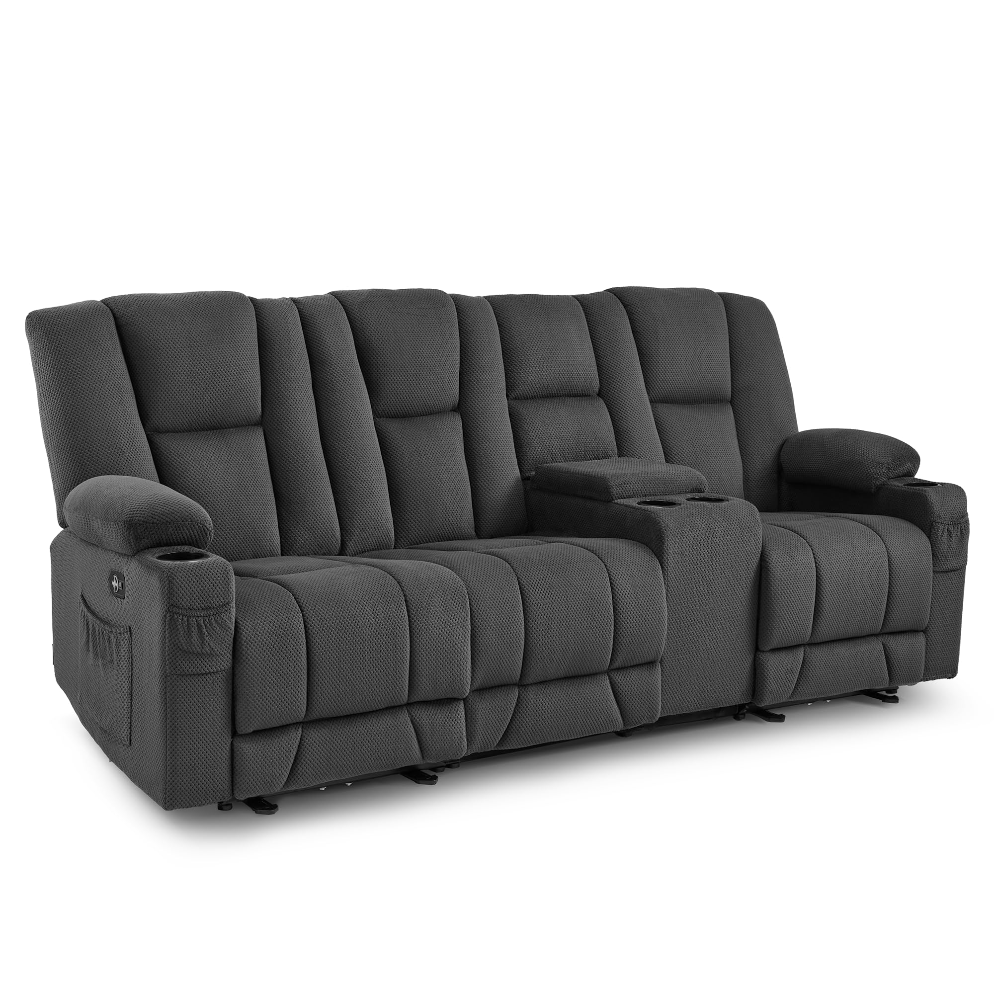MCombo Zero Gravity Power Reclining Sofa with Console, Heat and Vibration Massage, 3 Seater Reclining Couch with USB Ports, Cup Holders for Living Room, Fabric 6035SET (Grey)