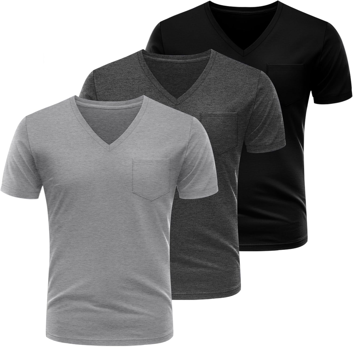 Ficerd 3 Pack Men's V Neck Pocket T-Shirts Short Sleeve Comfort Dressy Tee Shirts Casual Summer Athletic Plain Color Tops