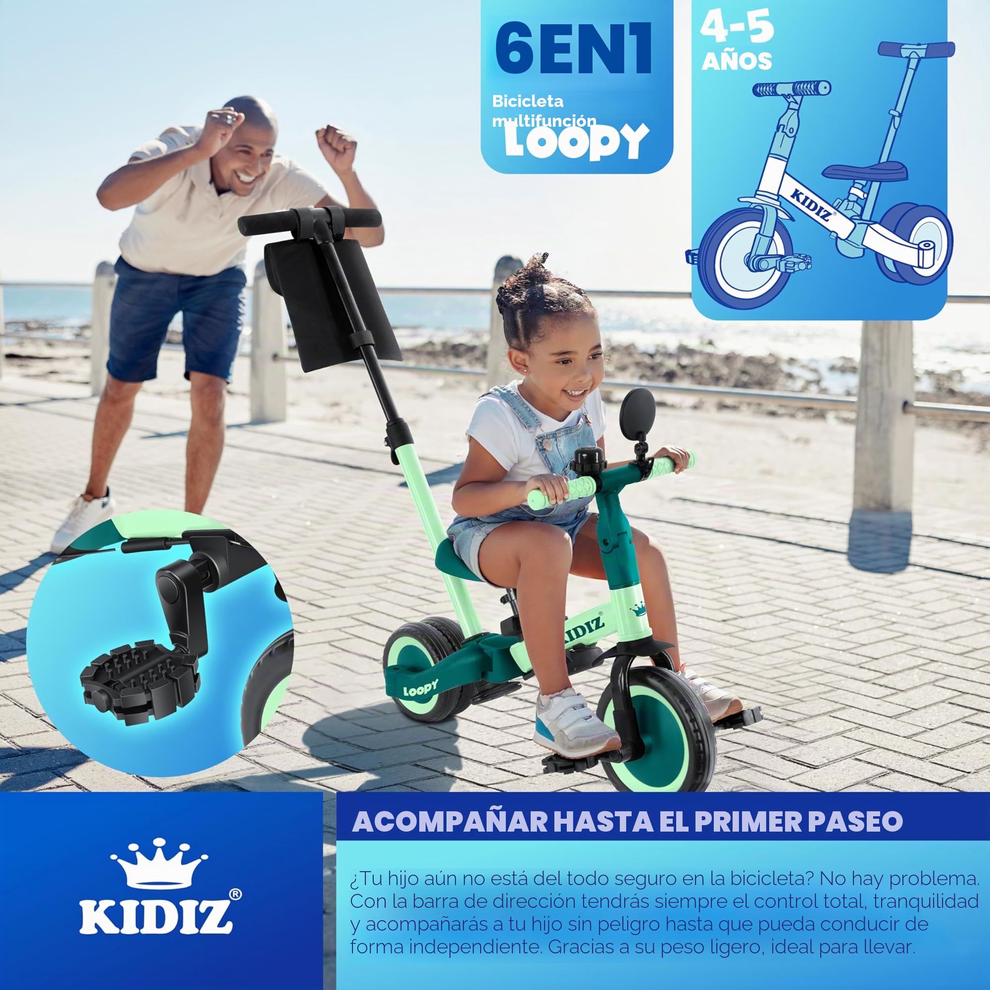 KIDIZ® 6en1 Bicicleta de Balance, Triciclo para niños de 1 año a 5 Años, Capacidad de Carga hasta 25kg, Incl. Manillar/Barra de Seguridad/Cinturón de Seguridad/Timbre/Espejo
