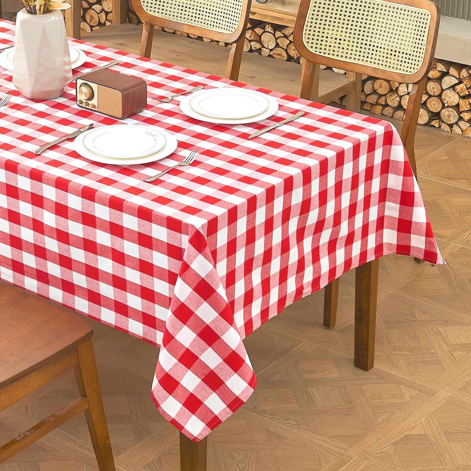 WAITER TREE Table Cloth Gingham 145x300 cm Rectangular Wipe Clean Table Cover,Red Checkered Wipeable Waterproof Spillproof Tablecloth for Outdoor Picnic Dining Kitchen Party - Red and White