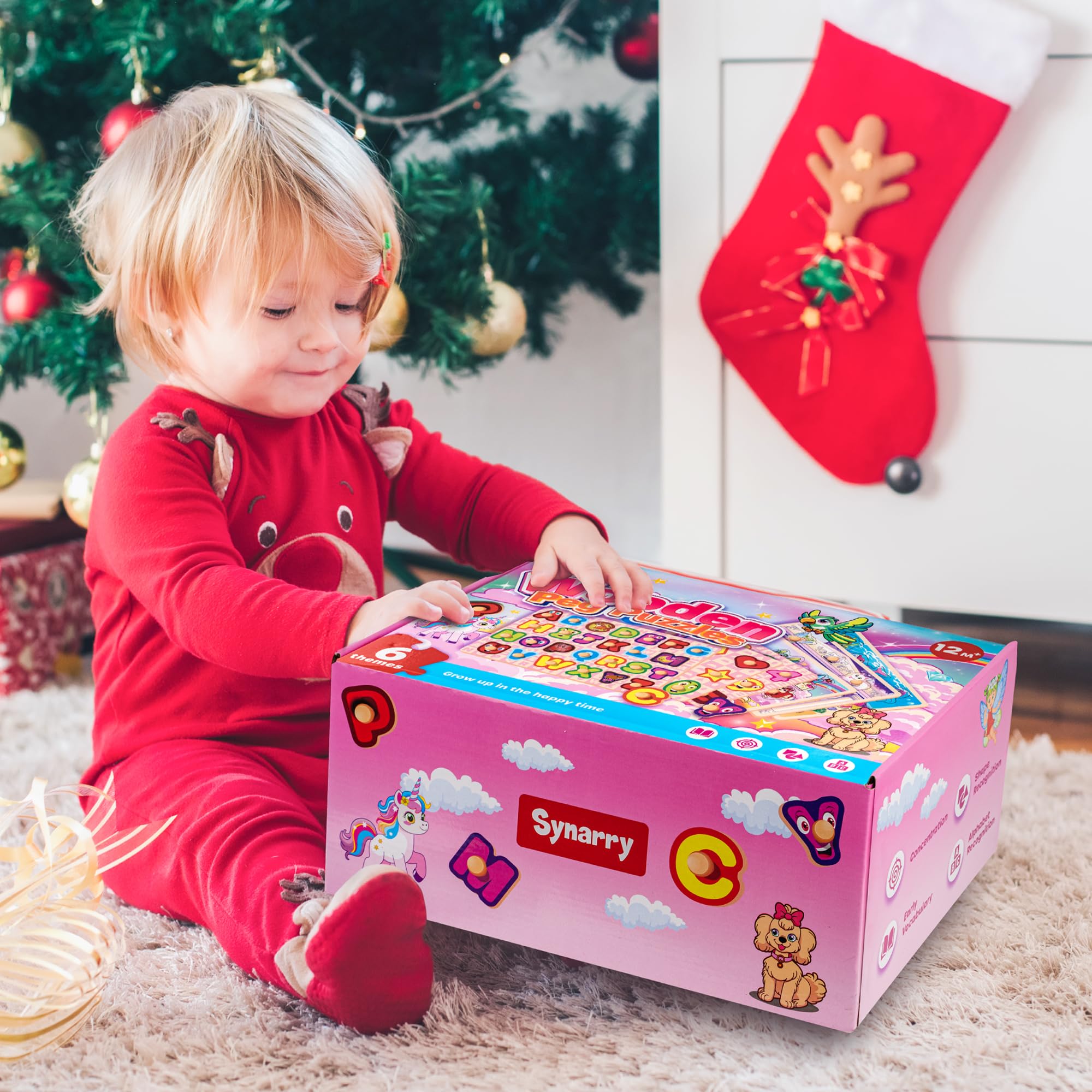 SYNARRY - Holzpuzzle für Kleinkinder 1-3 Jahre alt, 6 Pack 1-3 mit Regal, Alphabet, Zahlenform, Einhorn, Prinzessin, Meerjungfrau, Tiere, Weihnachtsspielzeug