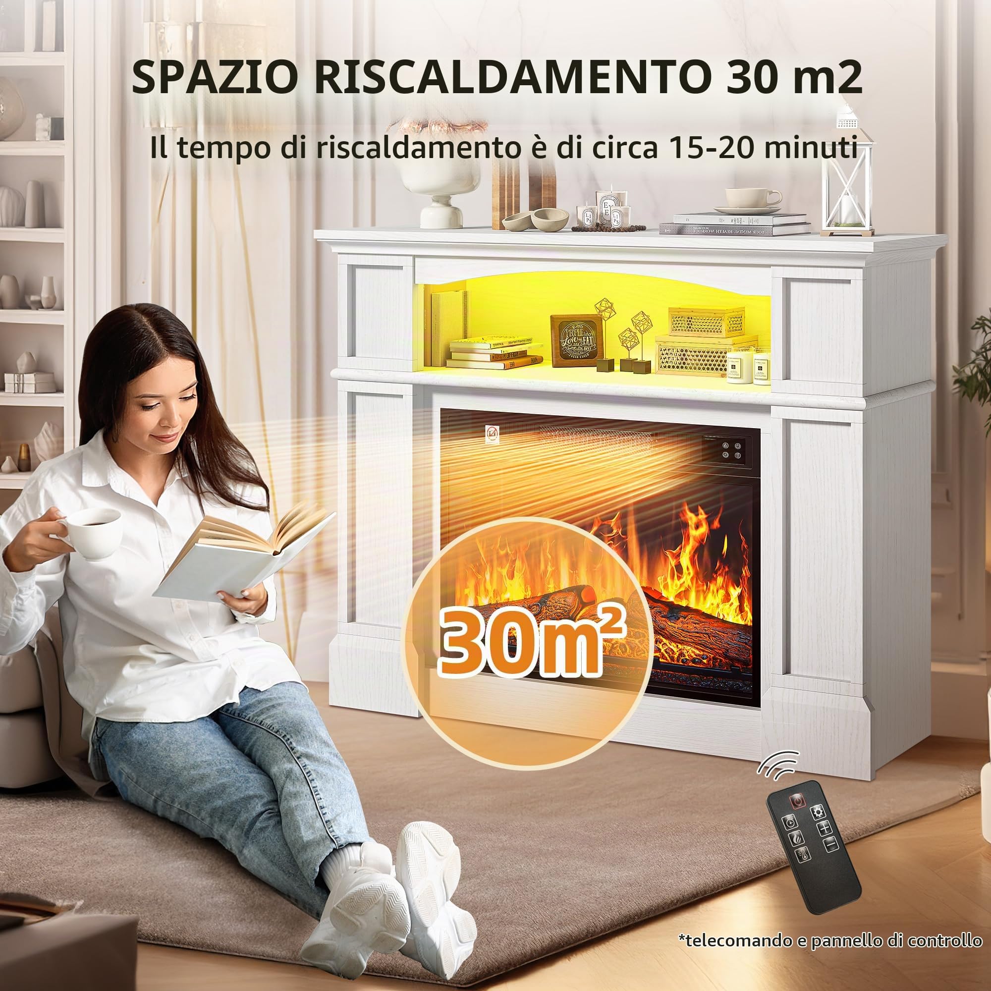 YITAHOME Caminetto Elettrico, Effetto Fiamma LED 3D, 2000W, Bianco | 39 Camino Elettrico da Terra con Funzione di Riscaldamento, 24 Colori LED indipendenti, Timer Termostato e Telecomando