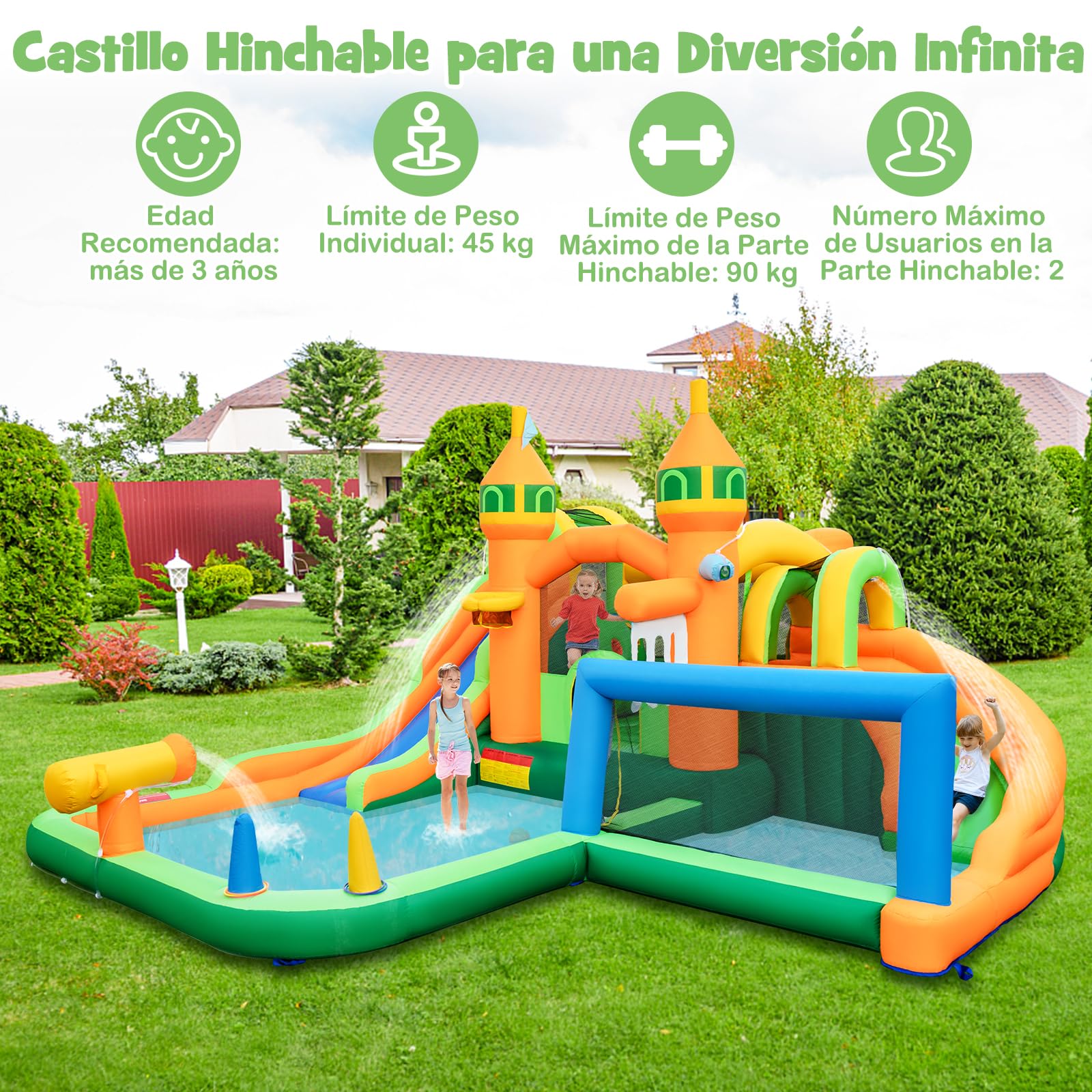 GOPLUS Castillo Hinchable 9 en 1 con 2 Toboganes, Piscina, Aro de Baloncesto, Juego de Gancho, Zona de Rebote, Pistola de Agua, Pared de Escalada, Casa de Salto Húmeda y Seca (sin Soplador)