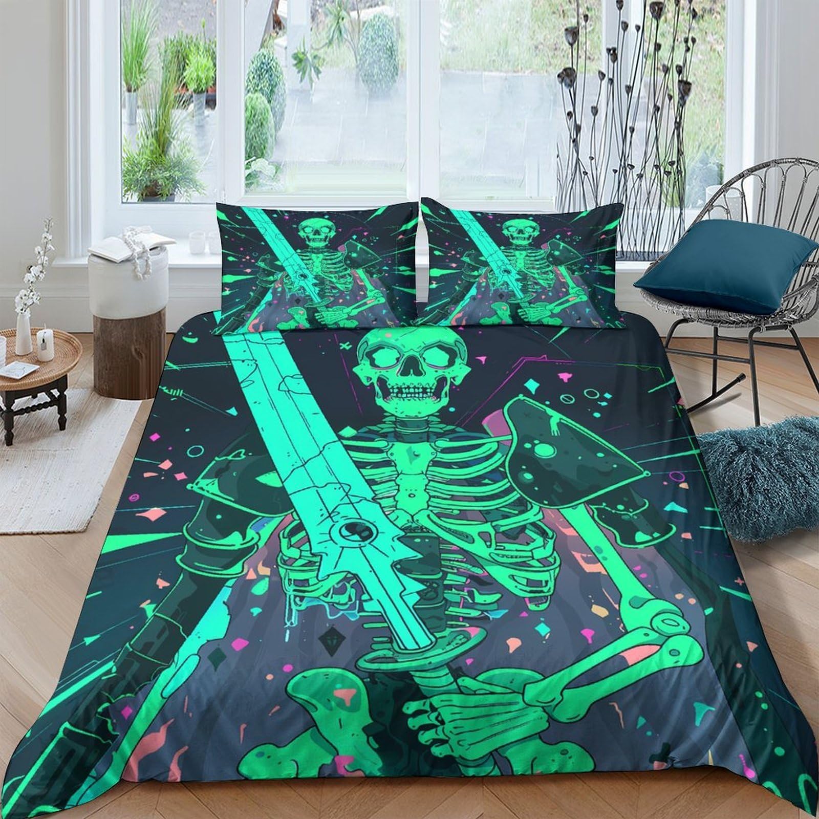 Ctjqhvkz Style-6 3D Printed Neon Skeleton Fitted Sheet Microfiber Soft Washable Glow In Dark Skull Mattress Cover For Bedroom Decor Single（135X200cm）