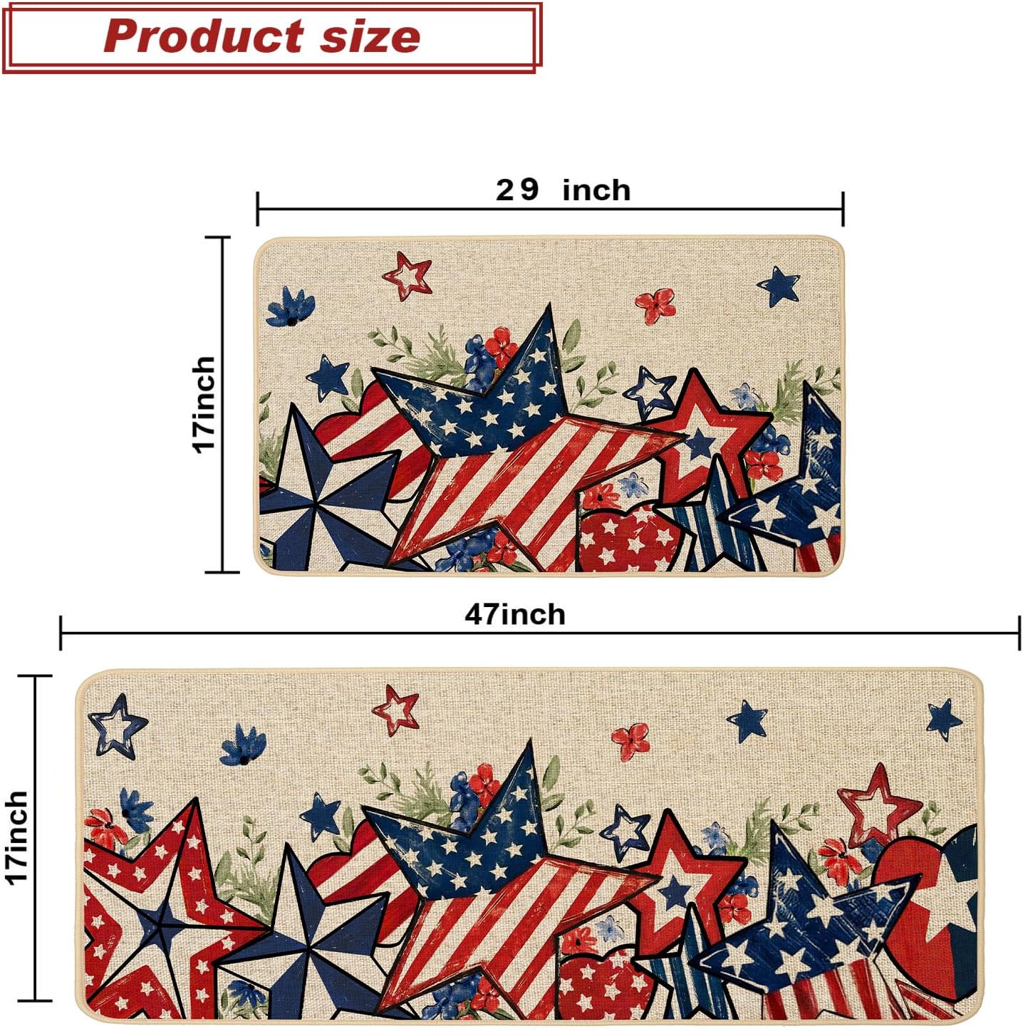 Baccessor Patriotic Kitchen Rugs Set of 2, Memorial Day 4th of July Independence Day Star Floral Kitchen Mats for Floor Low-Profile Holiday Home Decor 17x29 and 17x47 Inch
