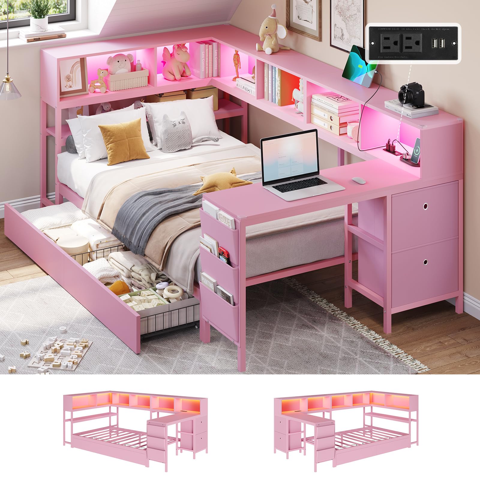 DICTAC Corner Twin Bed Frame with Desk,Charging Station and Bookcase Storage Pink Bed Frame for Girls with Storage Drawers and Led Lights Twin Size